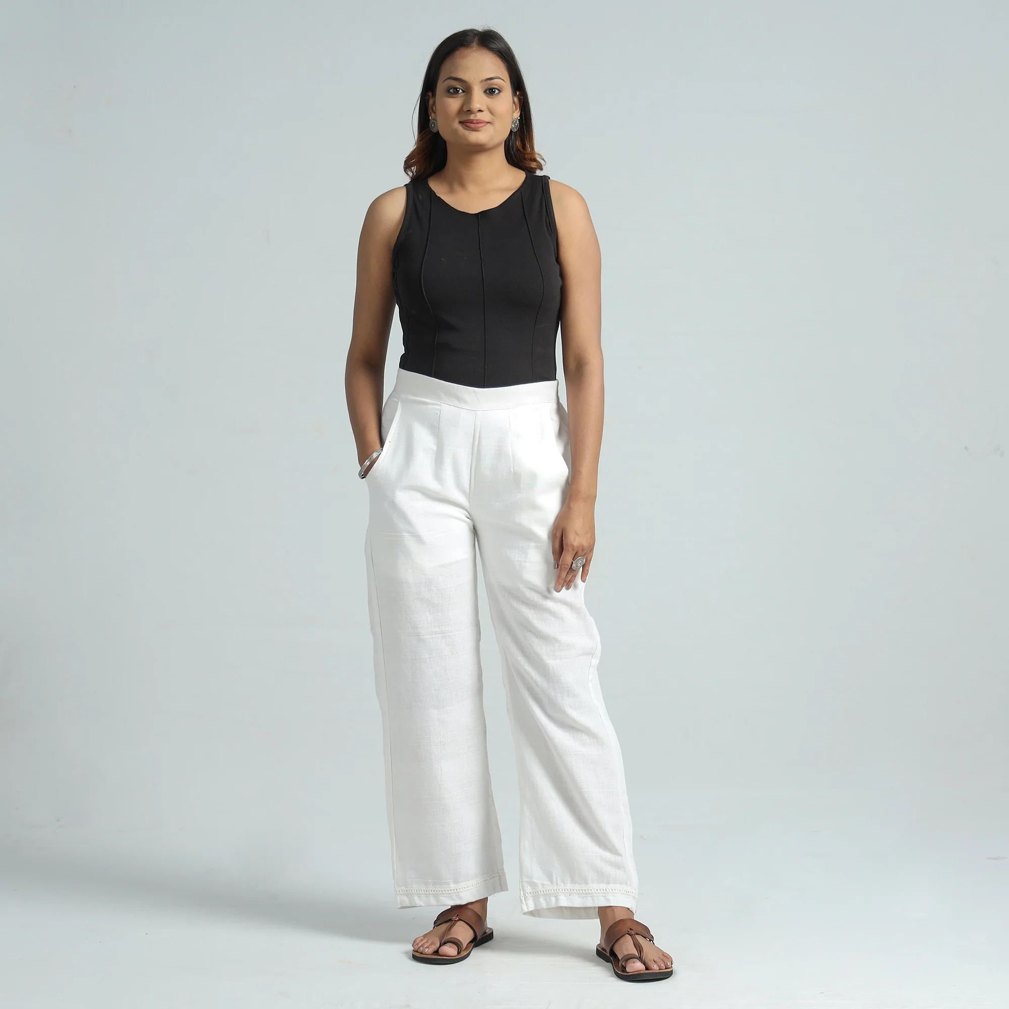 White - Plain Flex Cotton Elasticated Palazzo with Lace Work 03 - Image 2