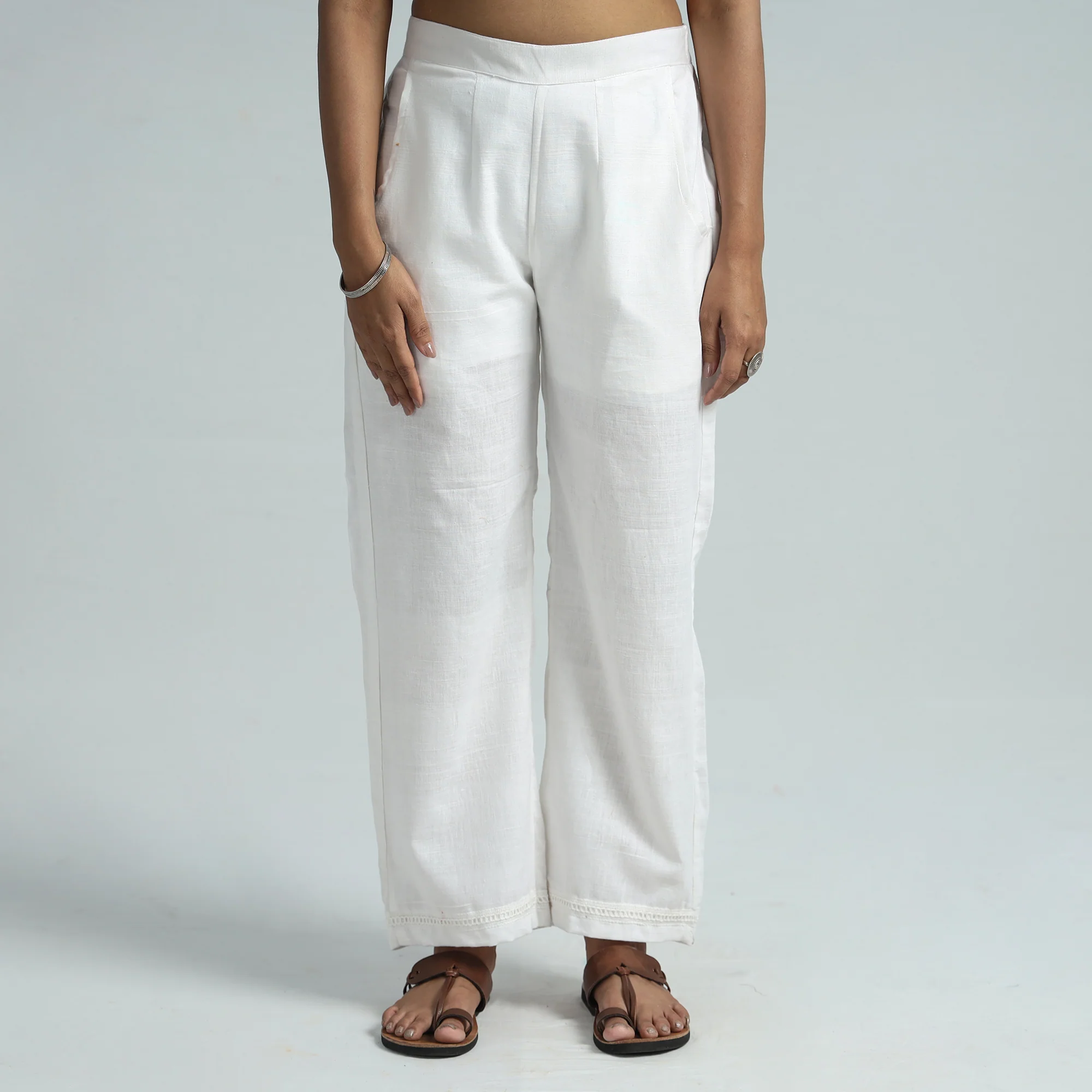 White - Plain Flex Cotton Elasticated Palazzo with Lace Work 03 - Image 3