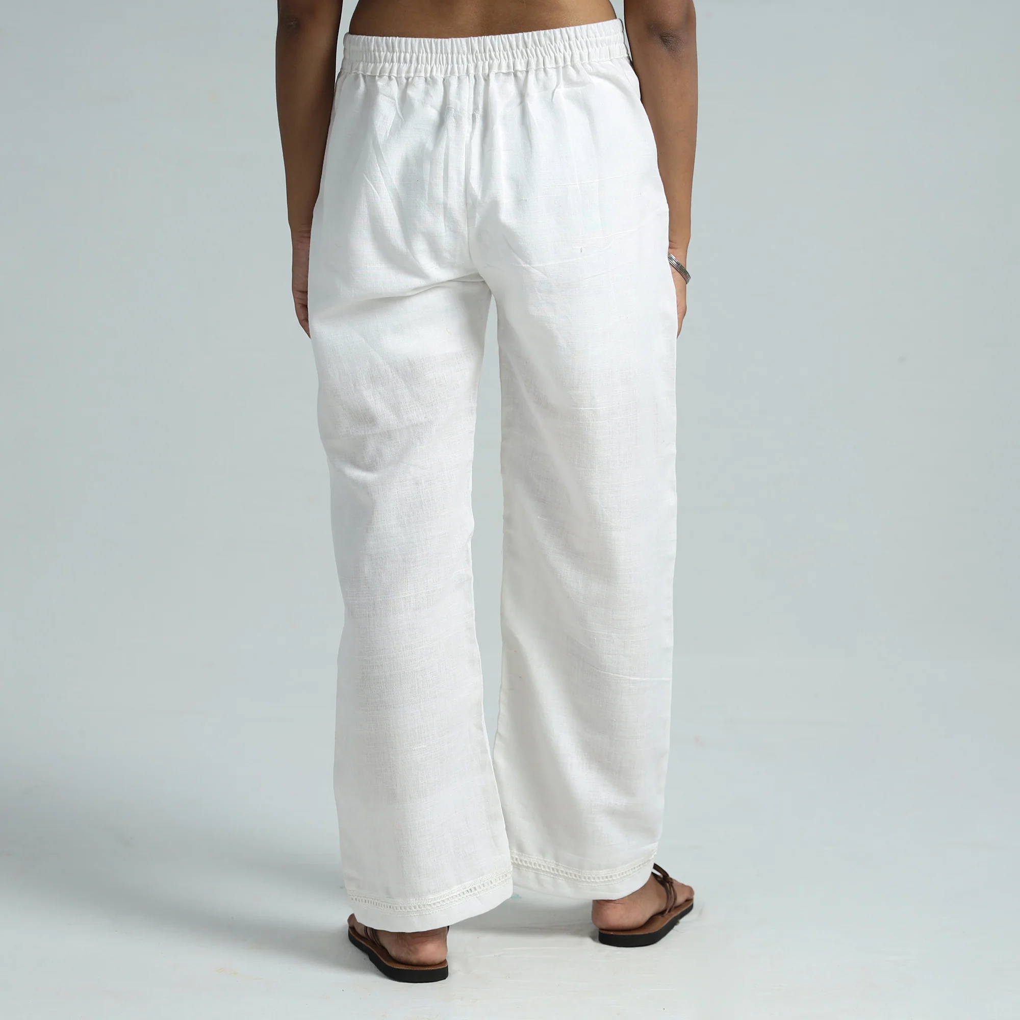 White - Plain Flex Cotton Elasticated Palazzo with Lace Work 03 - Image 5