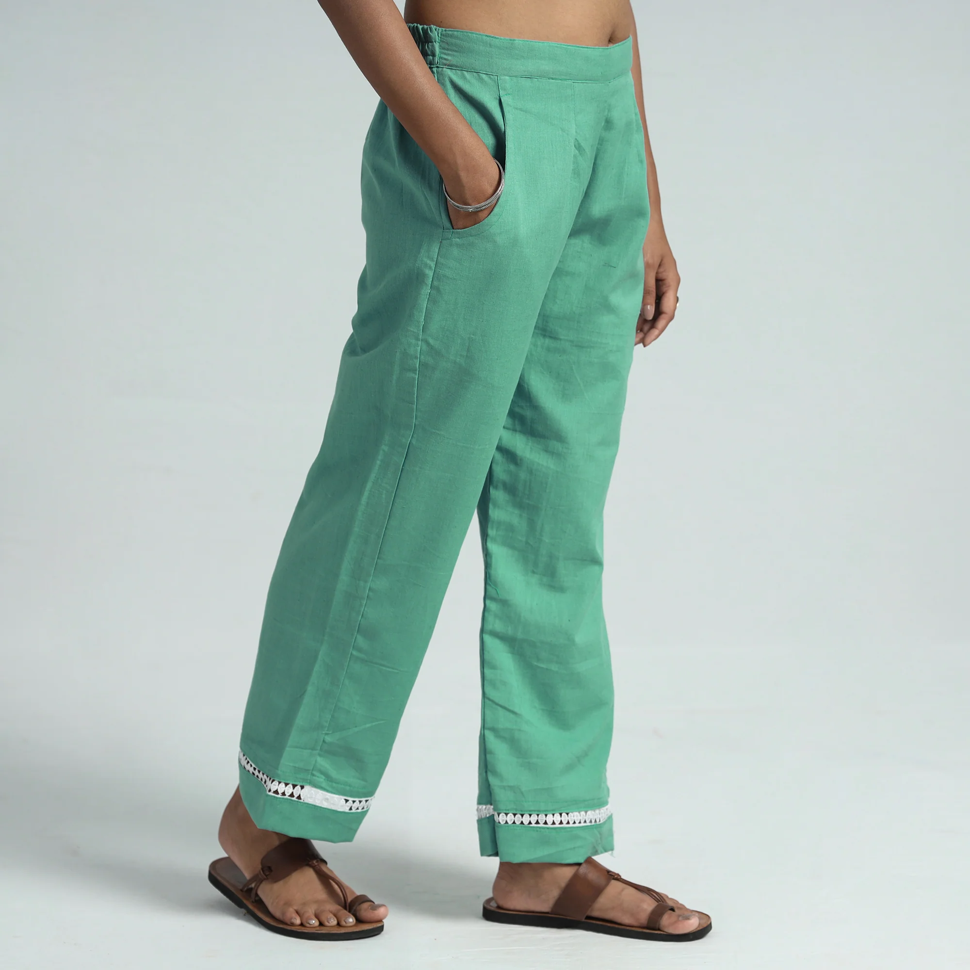 Green - Plain Flex Cotton Elasticated Palazzo with Lace Work 06