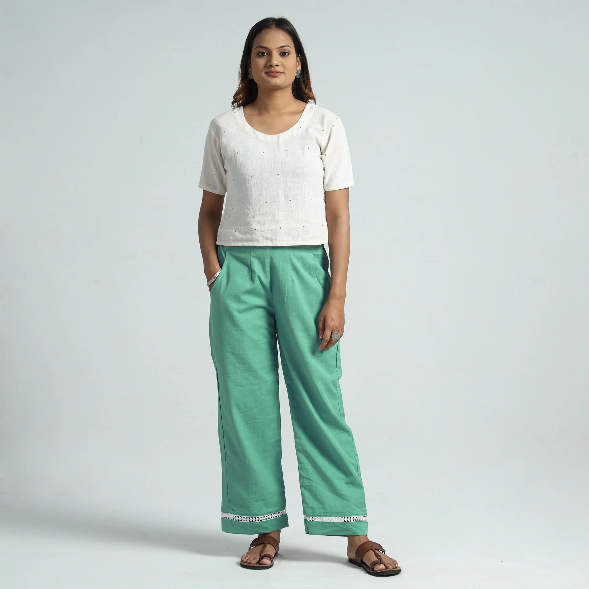 Green - Plain Flex Cotton Elasticated Palazzo with Lace Work 06 - Image 2