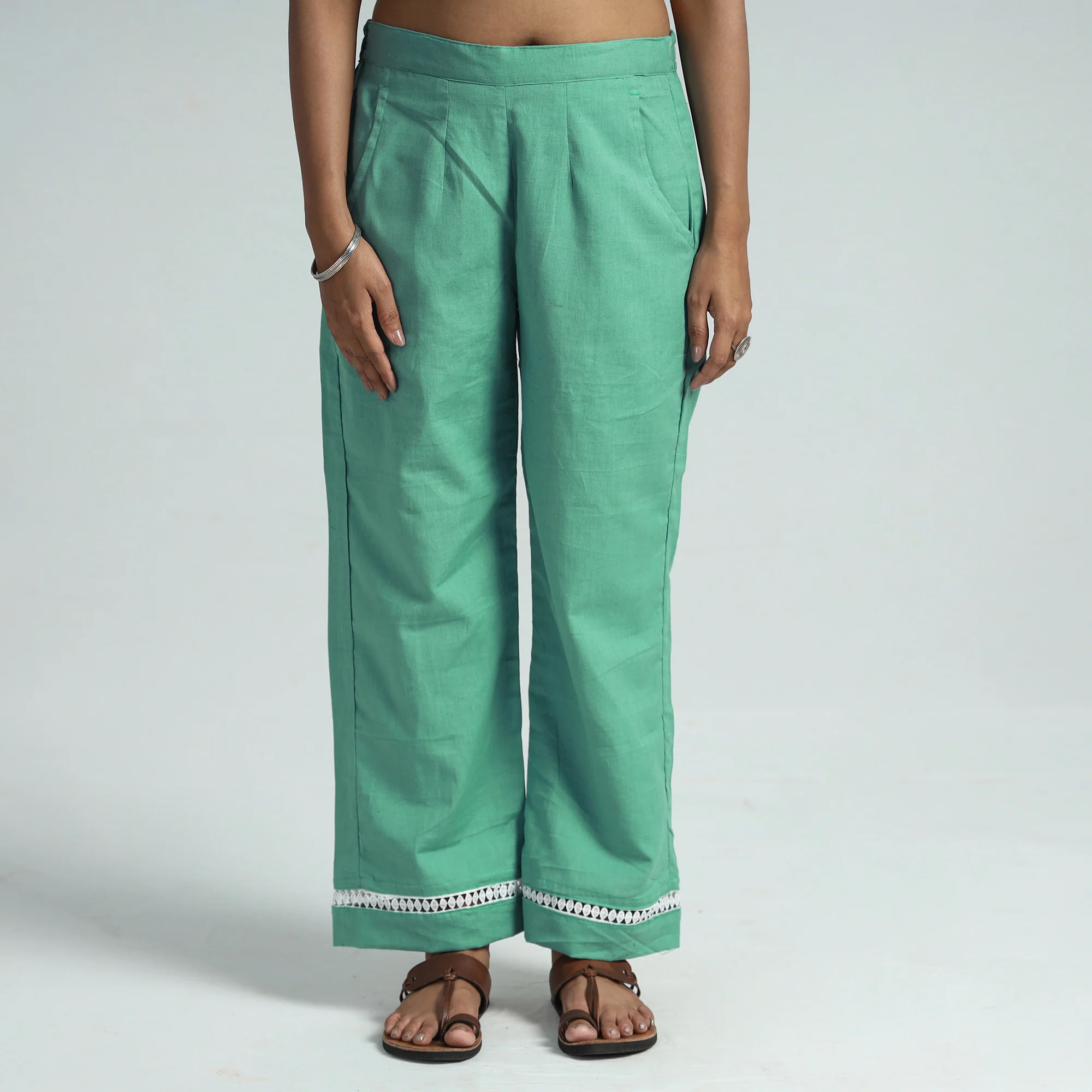 Green - Plain Flex Cotton Elasticated Palazzo with Lace Work 06 - Image 3