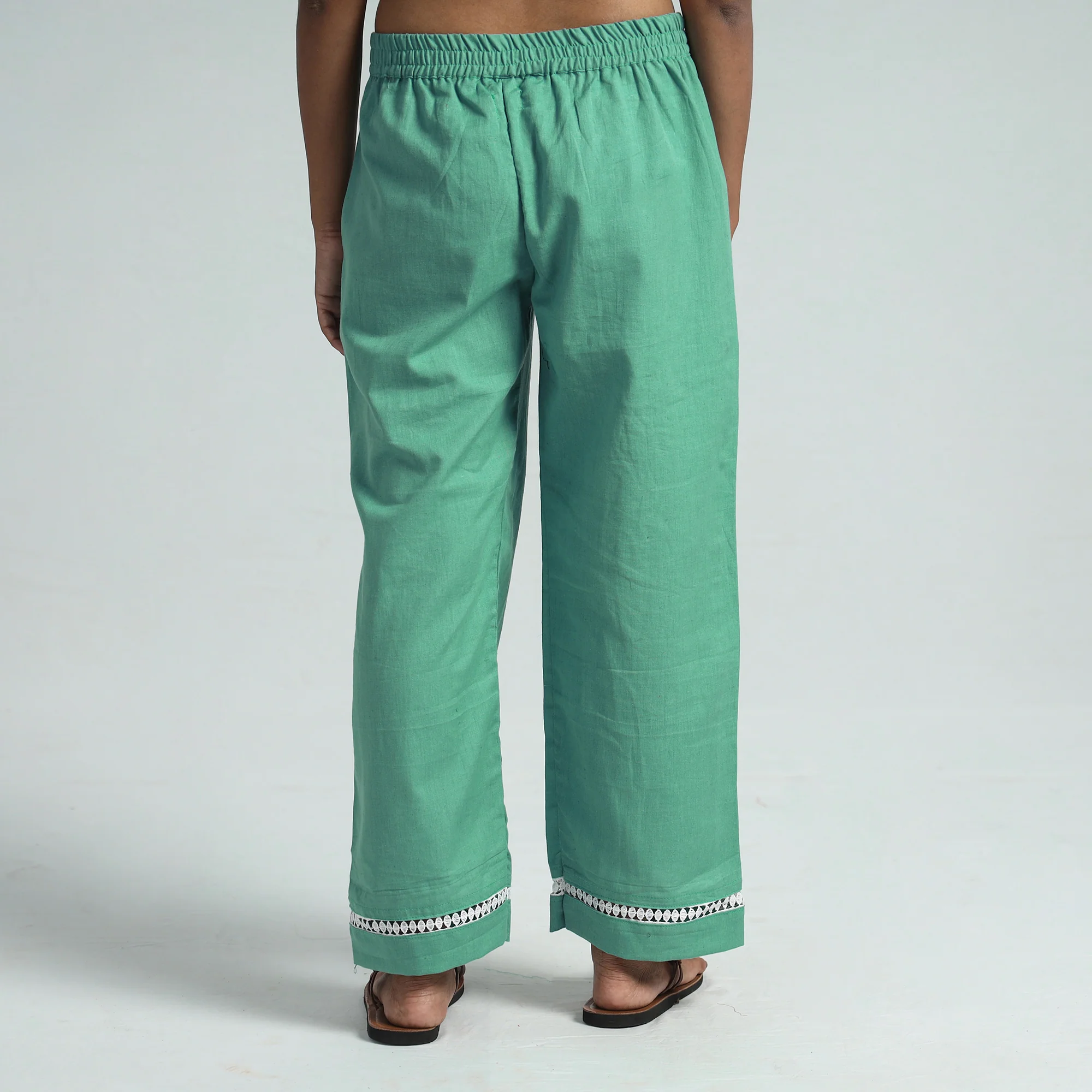 Green - Plain Flex Cotton Elasticated Palazzo with Lace Work 06 - Image 5