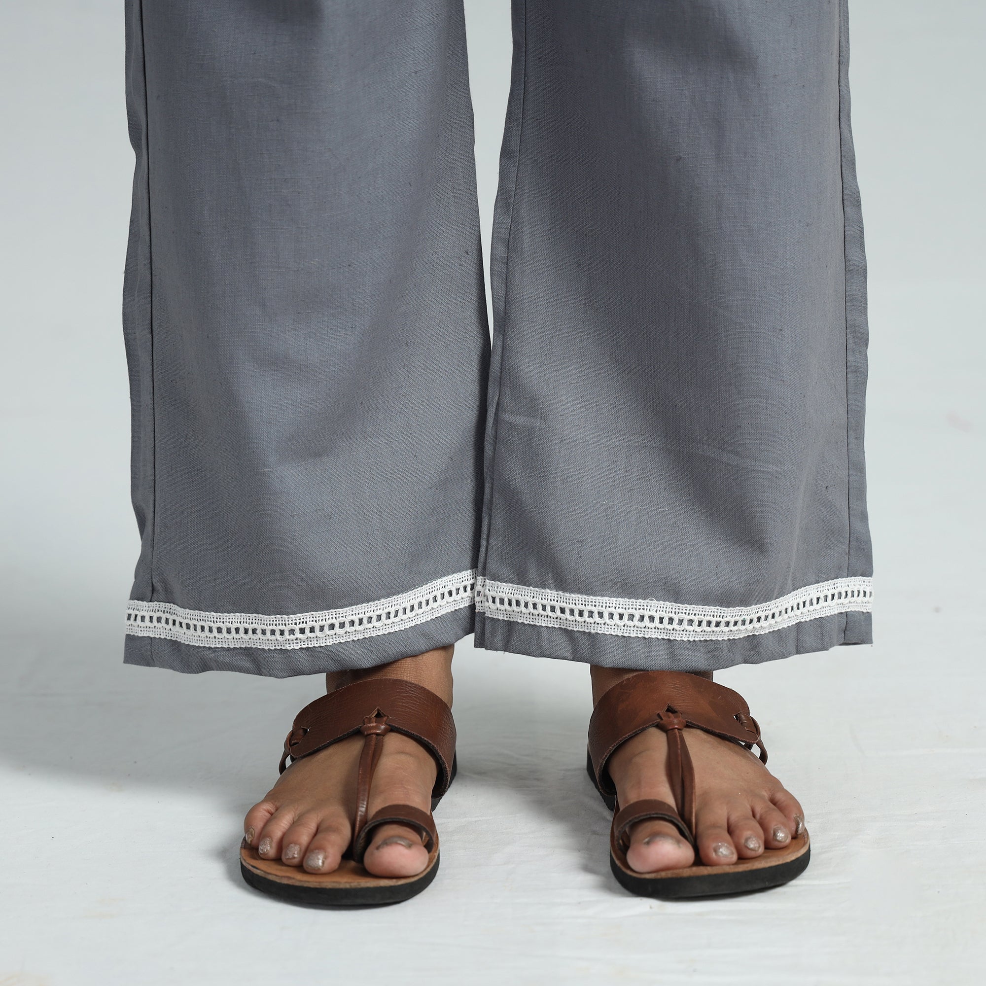 Grey - Plain Flex Cotton Elasticated Palazzo with Lace Work 07 - Image 4
