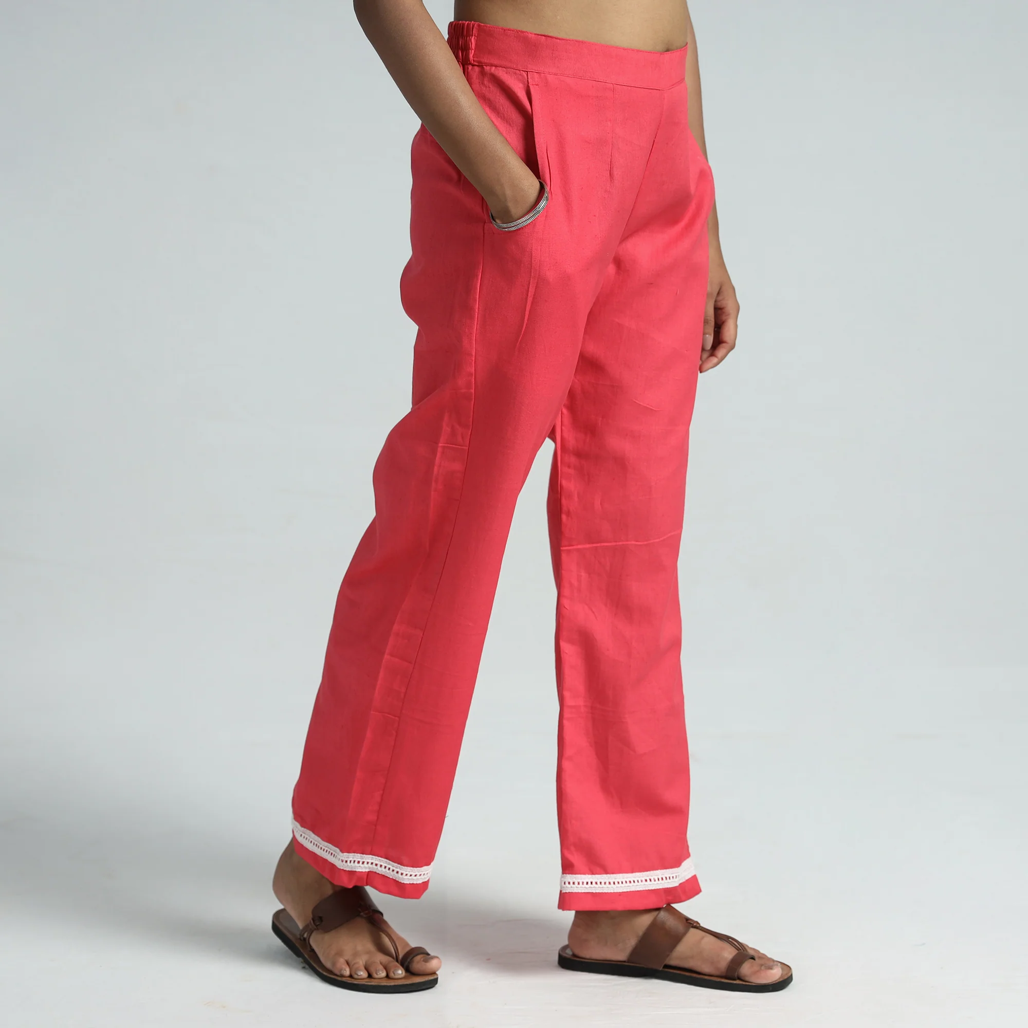 Pink - Plain Flex Cotton Elasticated Palazzo with Lace Work 09