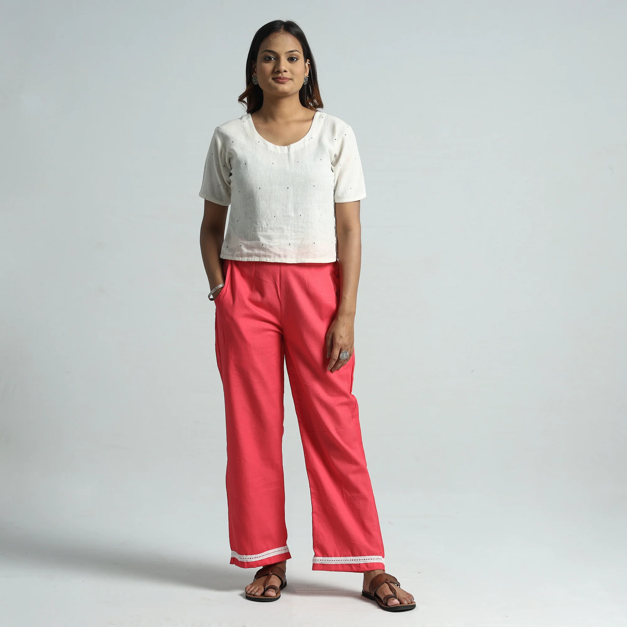 Pink - Plain Flex Cotton Elasticated Palazzo with Lace Work 09 - Image 2
