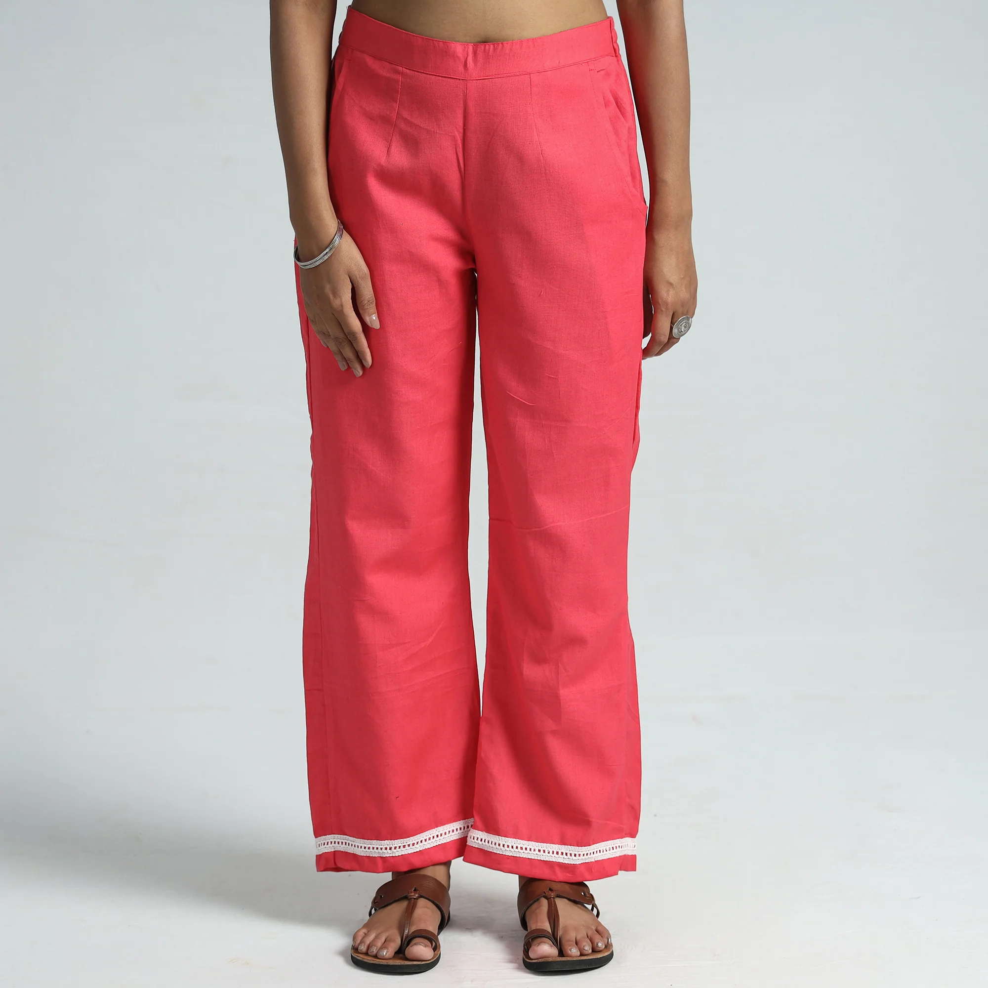 Pink - Plain Flex Cotton Elasticated Palazzo with Lace Work 09 - Image 3