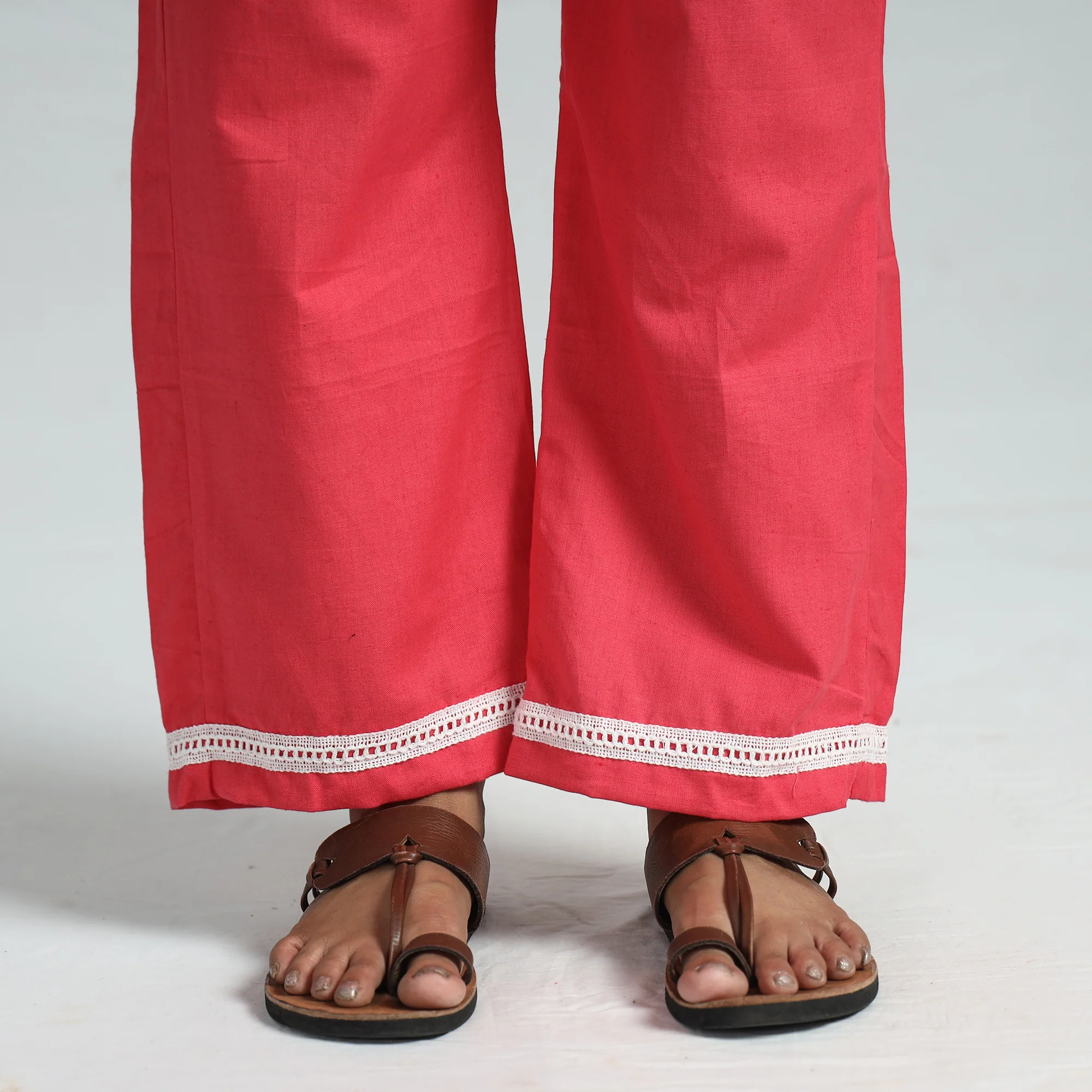 Pink - Plain Flex Cotton Elasticated Palazzo with Lace Work 09 - Image 4