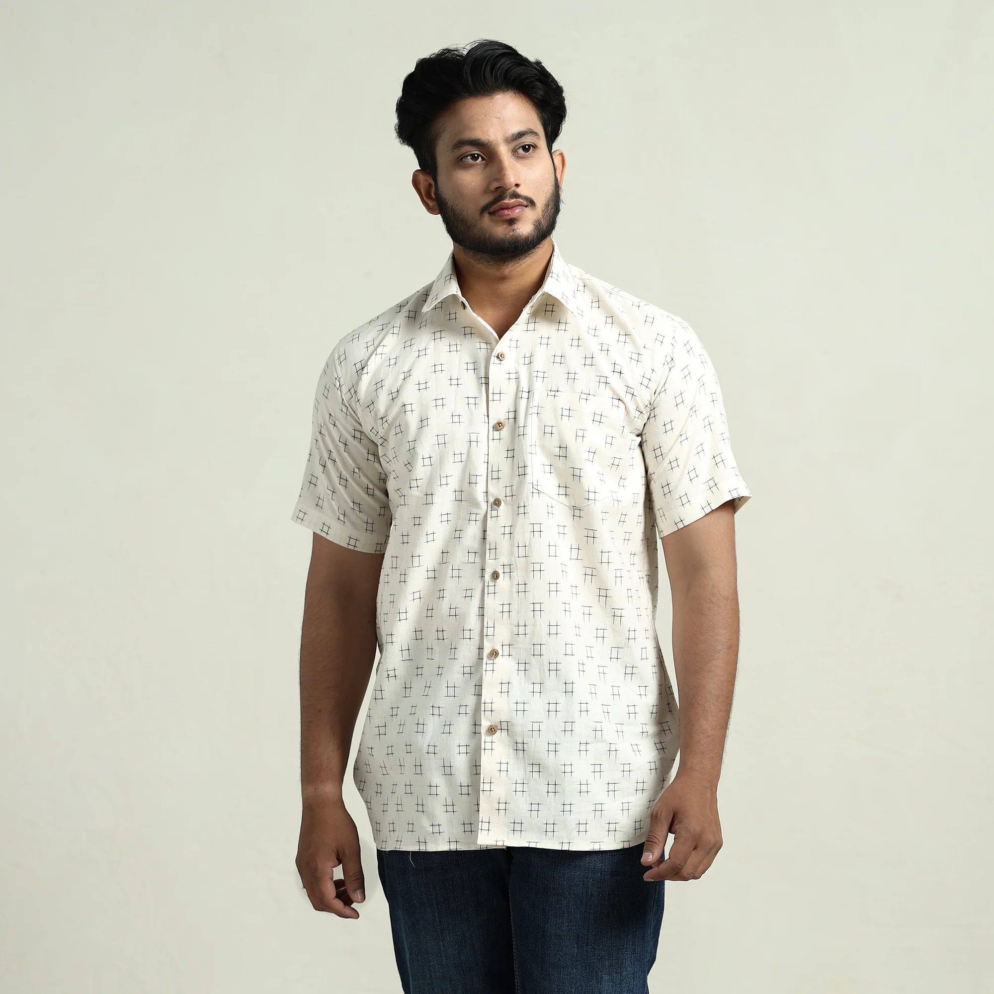 White - Pochampally Double Ikat Handloom Cotton Men Half Sleeve Shirt 01 - Image 2
