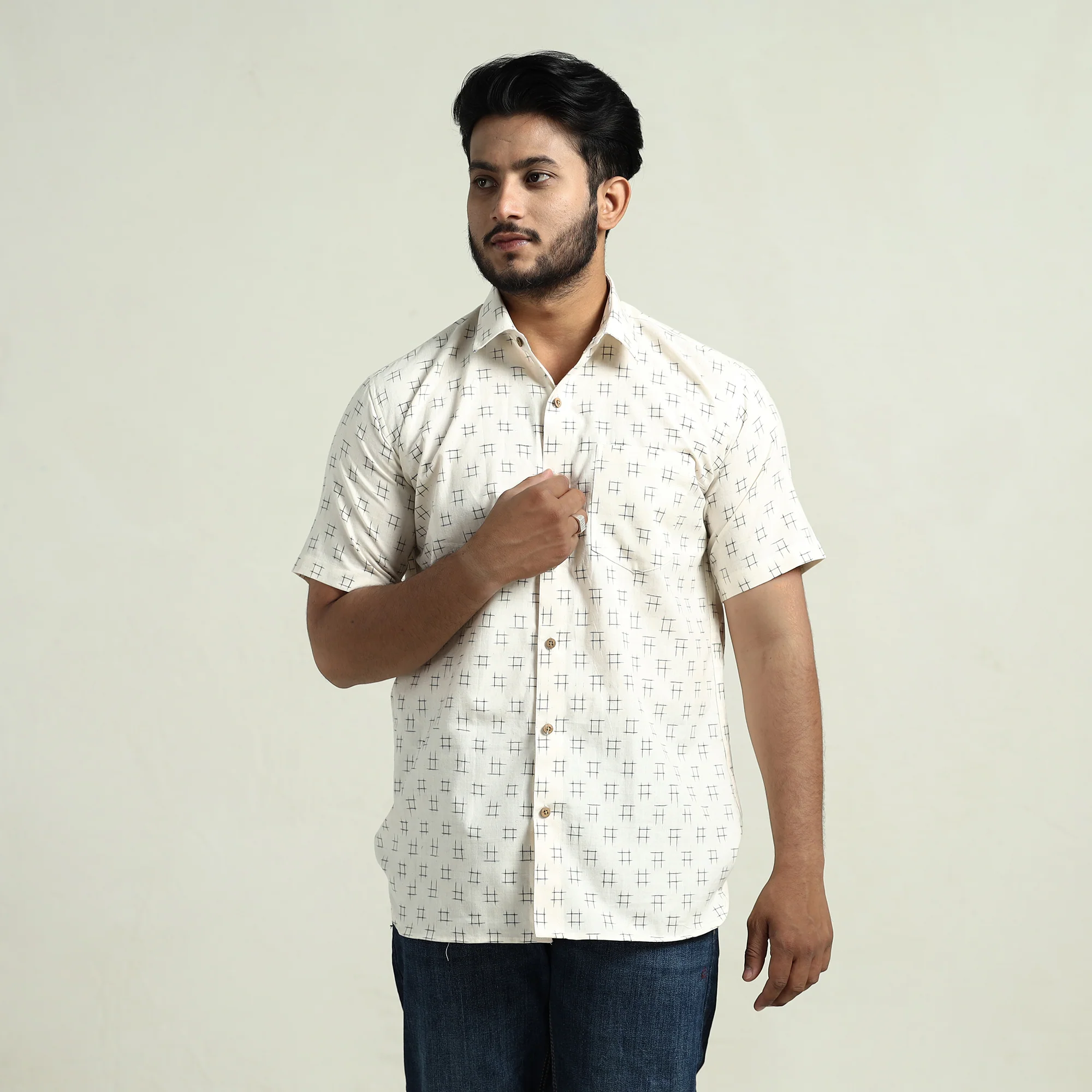White - Pochampally Double Ikat Handloom Cotton Men Half Sleeve Shirt 01 - Image 3