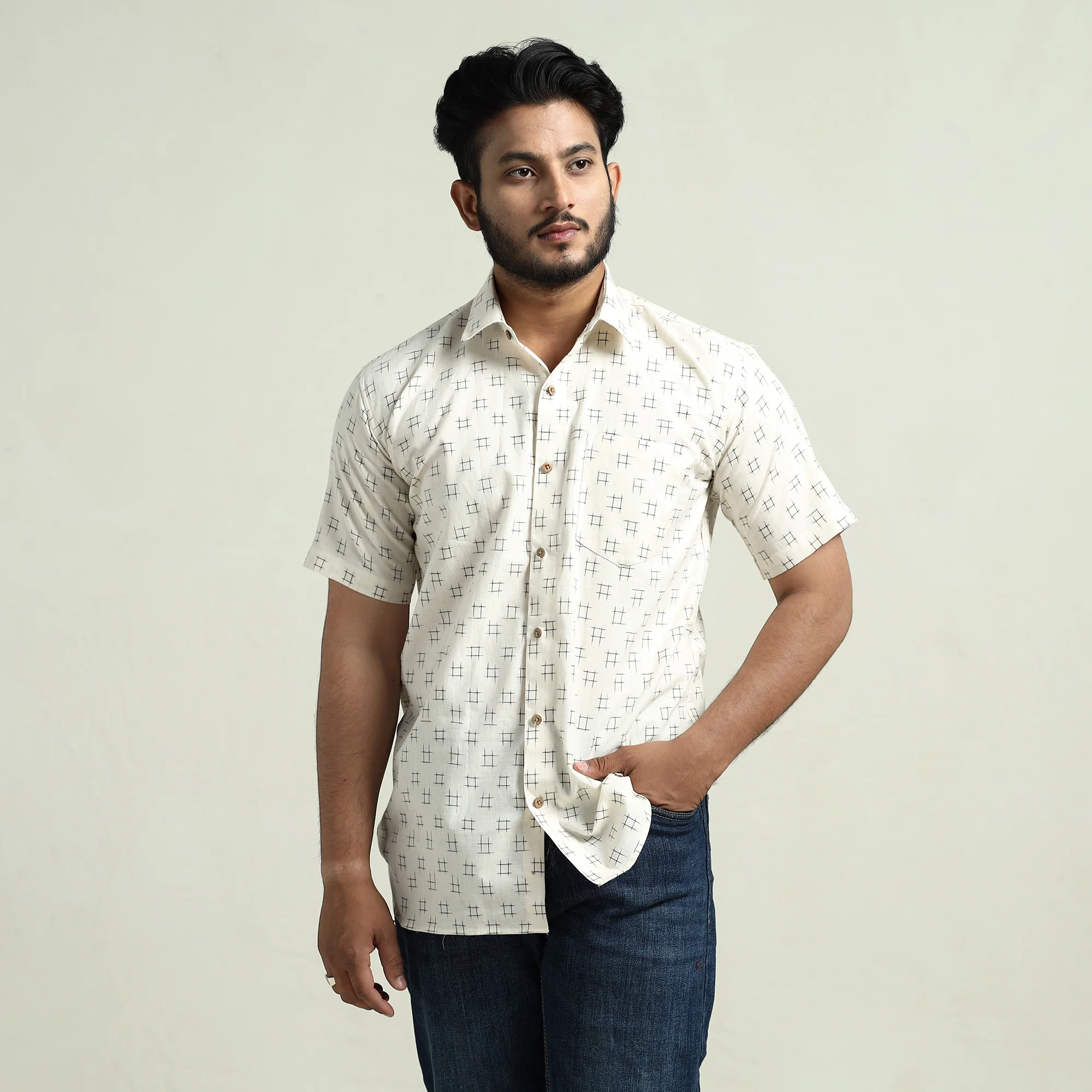 White - Pochampally Double Ikat Handloom Cotton Men Half Sleeve Shirt 01 - Image 4