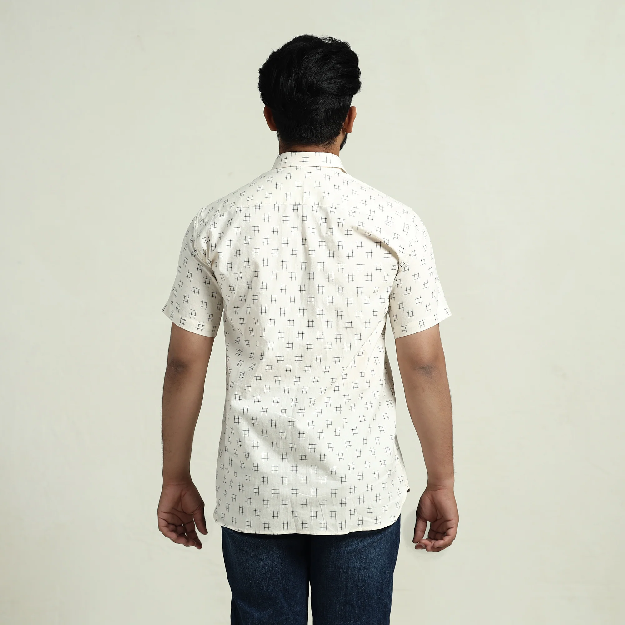 White - Pochampally Double Ikat Handloom Cotton Men Half Sleeve Shirt 01 - Image 5