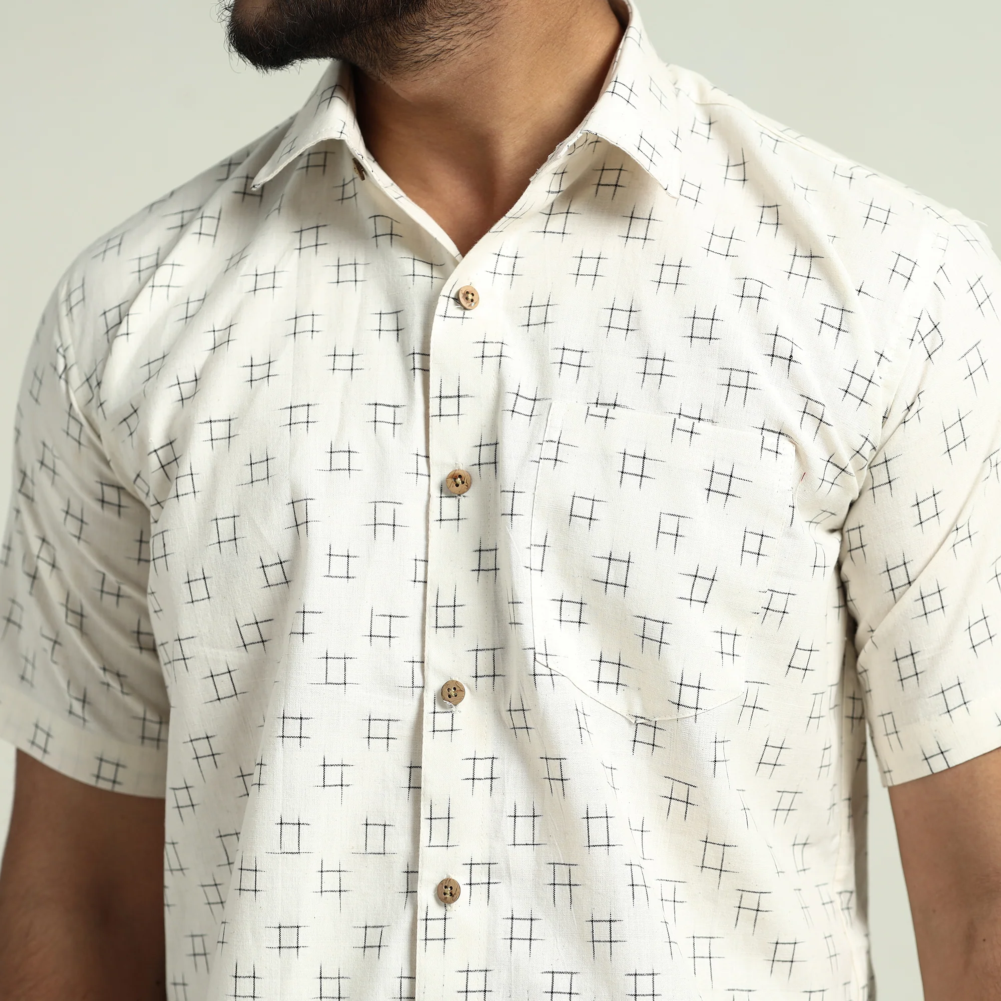 White - Pochampally Double Ikat Handloom Cotton Men Half Sleeve Shirt 01 - Image 6