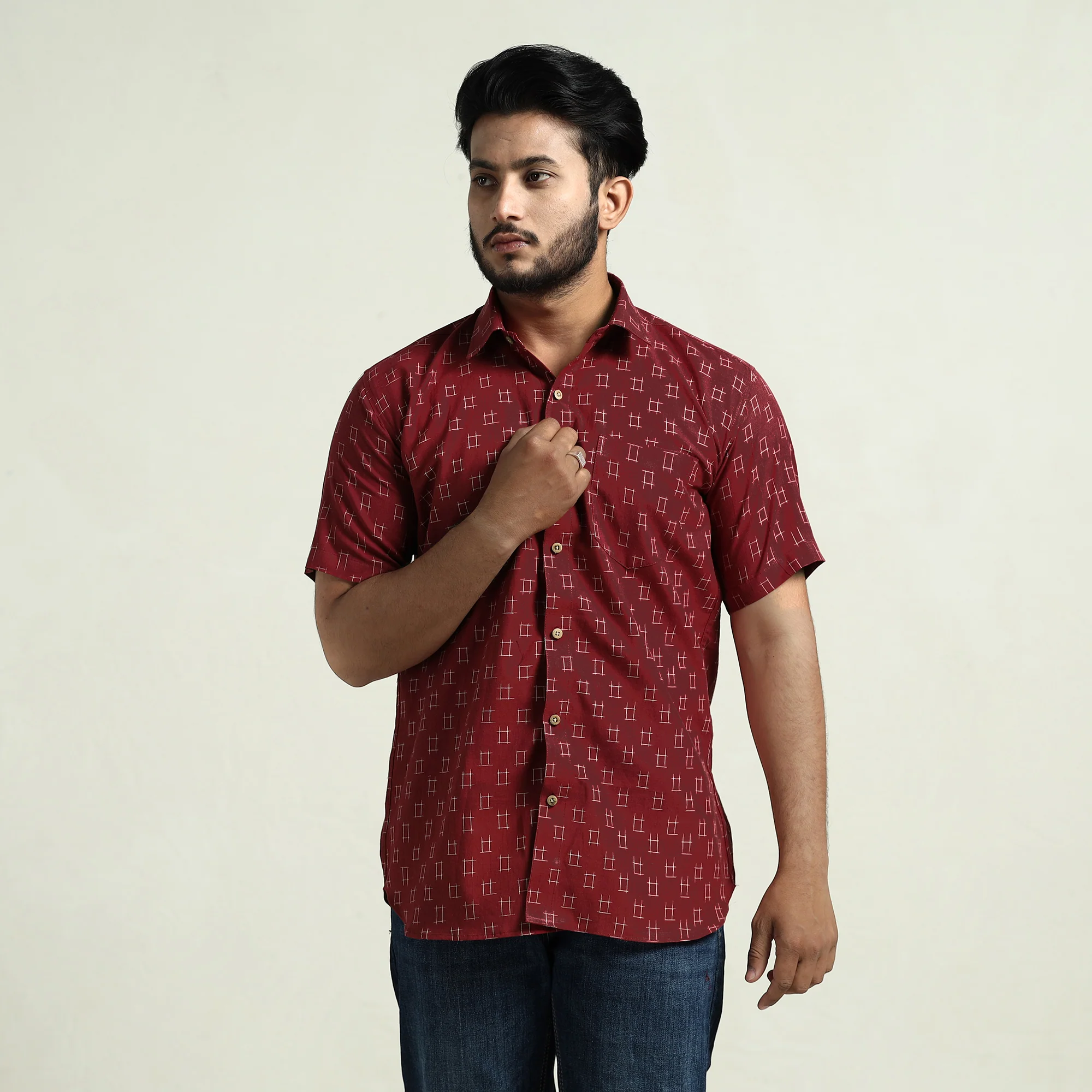Maroon - Pochampally Double Ikat Handloom Cotton Men Half Sleeve Shirt 19 - Image 3