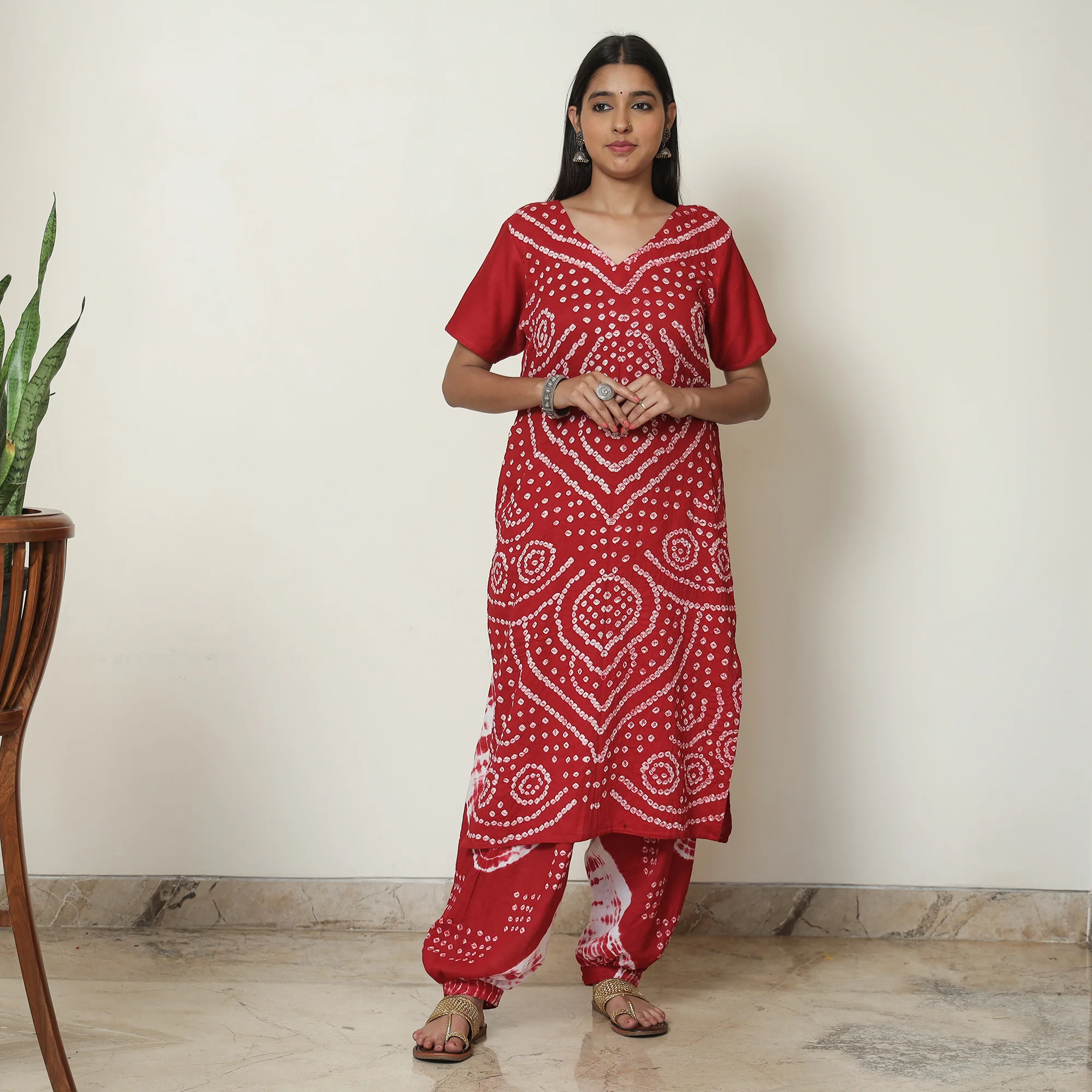 Red - Bandhani Tie-Dye Cotton Kurta with Afghani Salwar & Dupatta Set 01 - Image 3