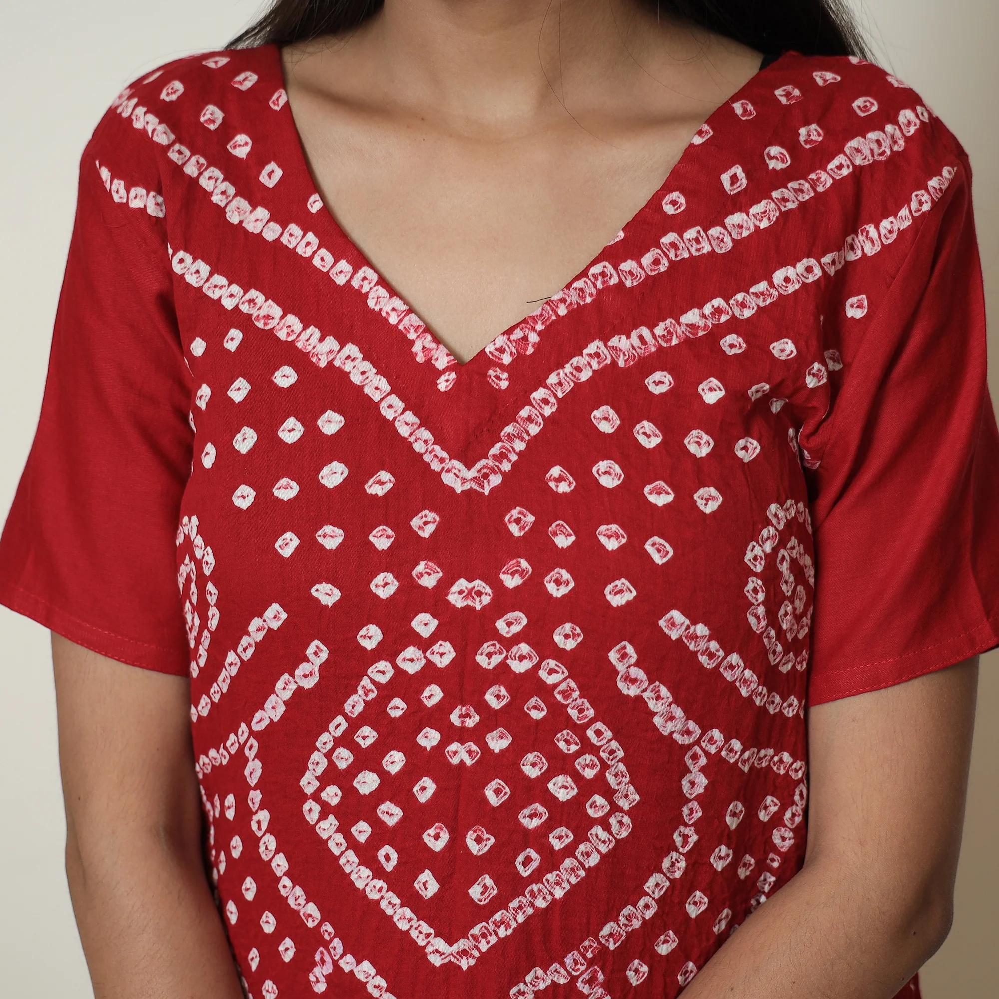 Red - Bandhani Tie-Dye Cotton Kurta with Afghani Salwar & Dupatta Set 01 - Image 4