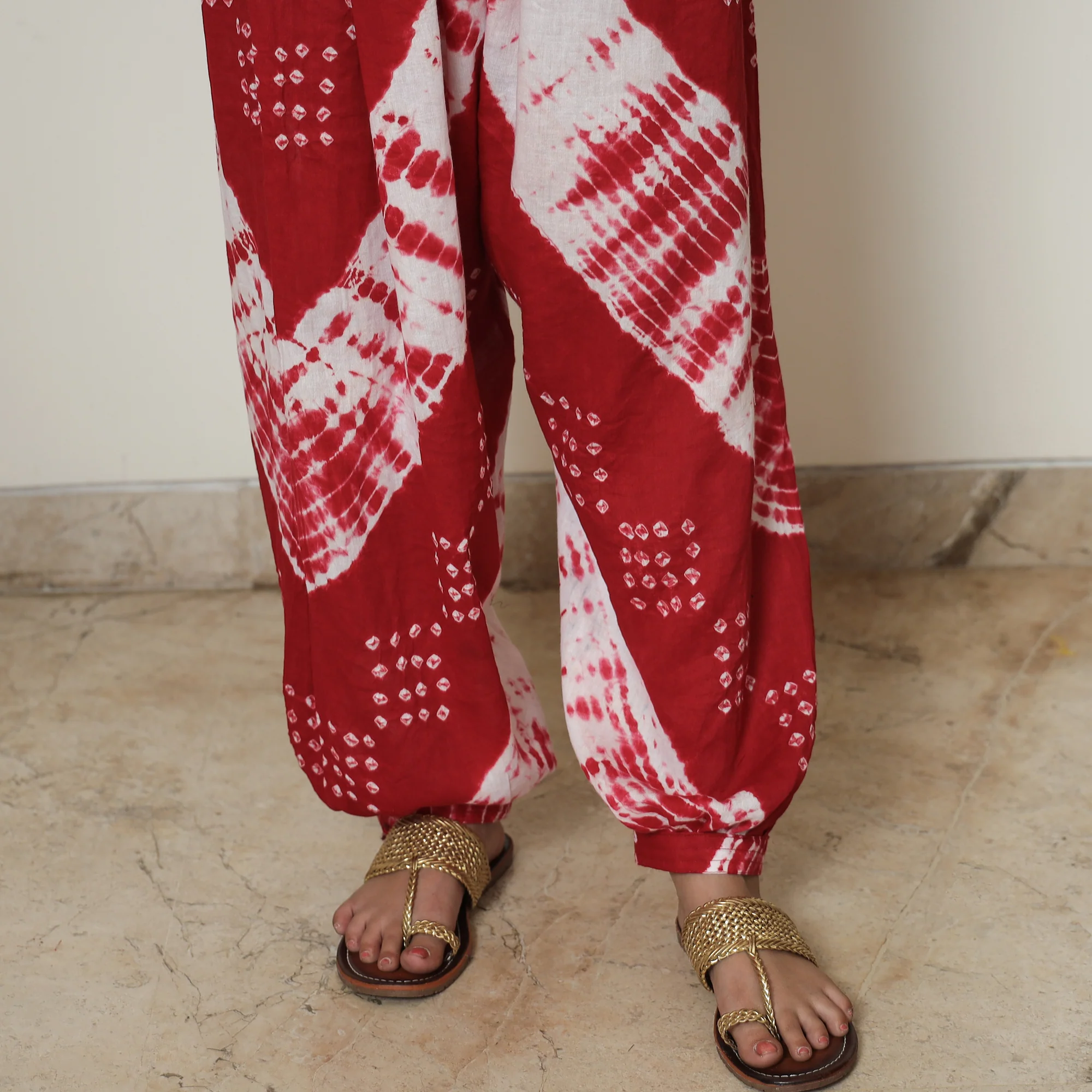 Red - Bandhani Tie-Dye Cotton Kurta with Afghani Salwar & Dupatta Set 01 - Image 5