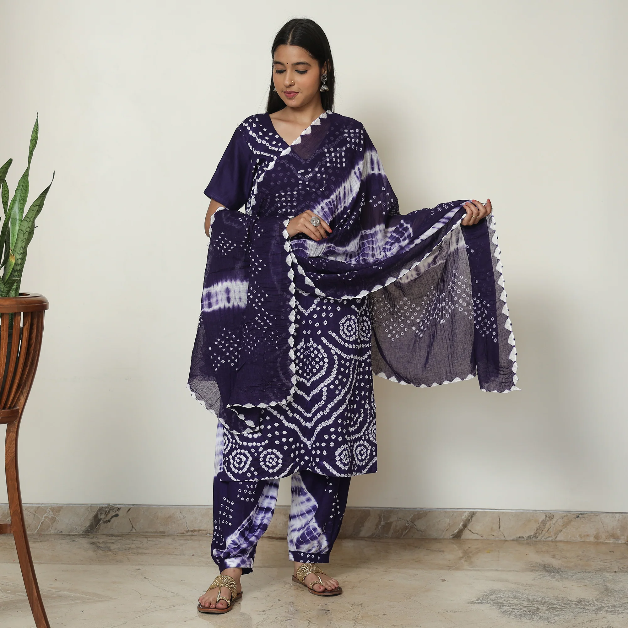 Blue - Bandhani Tie-Dye Cotton Kurta with Afghani Salwar & Dupatta Set 03