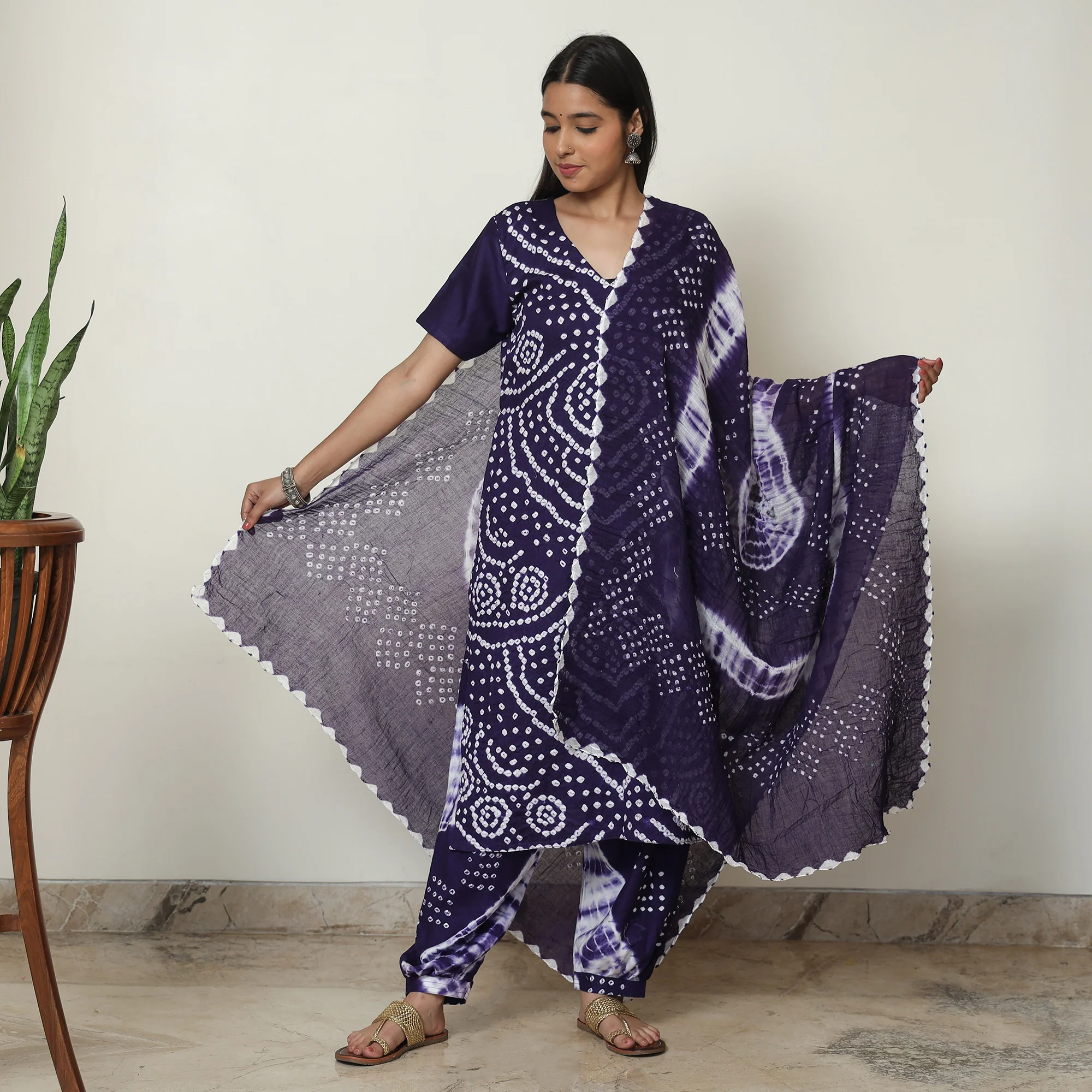 Blue - Bandhani Tie-Dye Cotton Kurta with Afghani Salwar & Dupatta Set 03 - Image 2