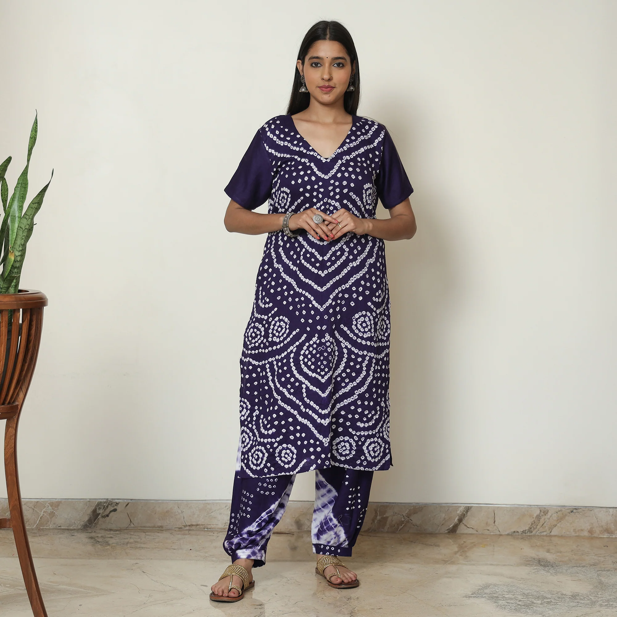 Blue - Bandhani Tie-Dye Cotton Kurta with Afghani Salwar & Dupatta Set 03 - Image 3