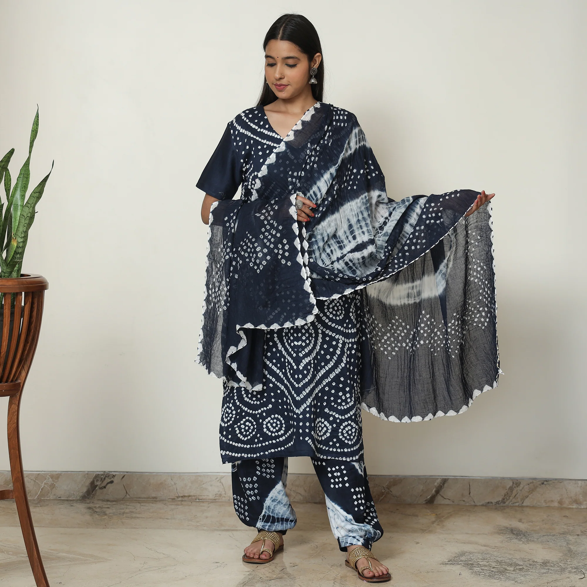 Blue - Bandhani Tie-Dye Cotton Kurta with Afghani Salwar & Dupatta Set 04