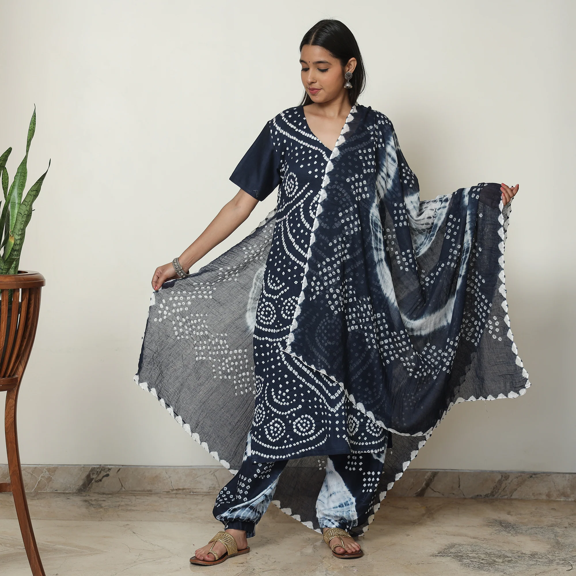 Blue - Bandhani Tie-Dye Cotton Kurta with Afghani Salwar & Dupatta Set 04 - Image 2
