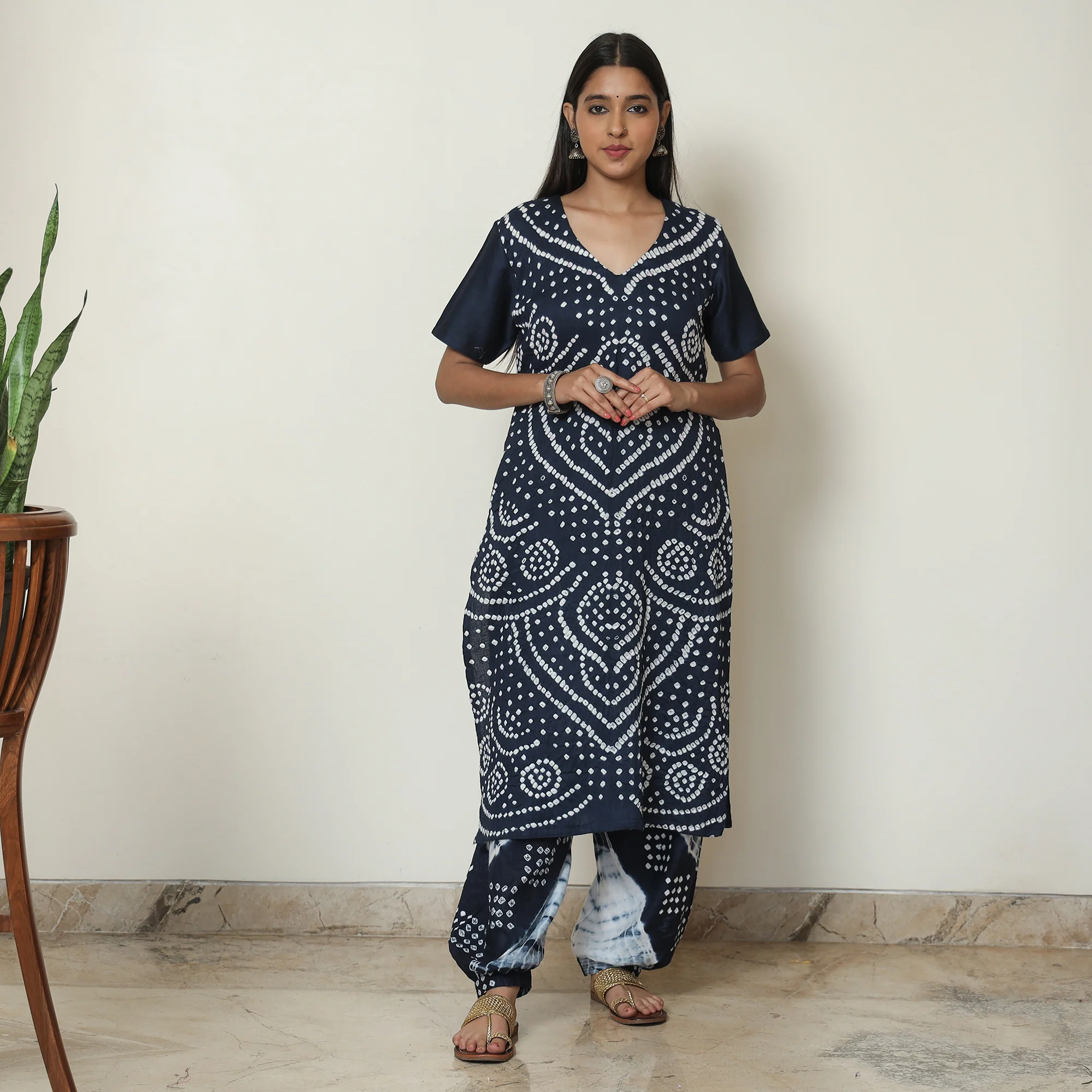 Blue - Bandhani Tie-Dye Cotton Kurta with Afghani Salwar & Dupatta Set 04 - Image 3