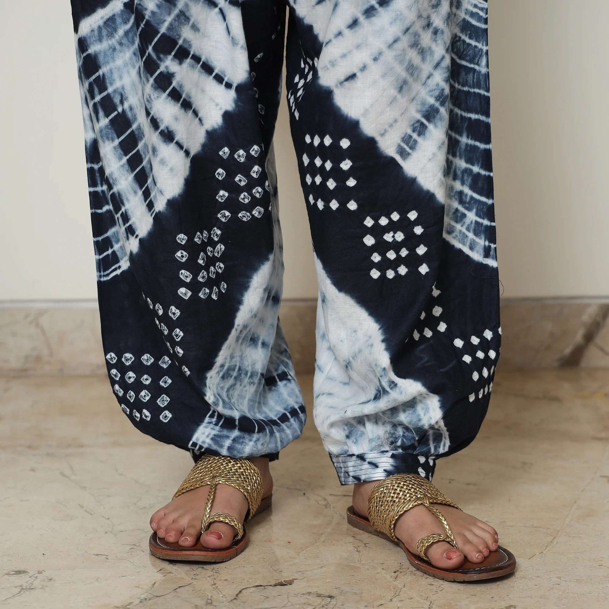 Blue - Bandhani Tie-Dye Cotton Kurta with Afghani Salwar & Dupatta Set 04 - Image 5