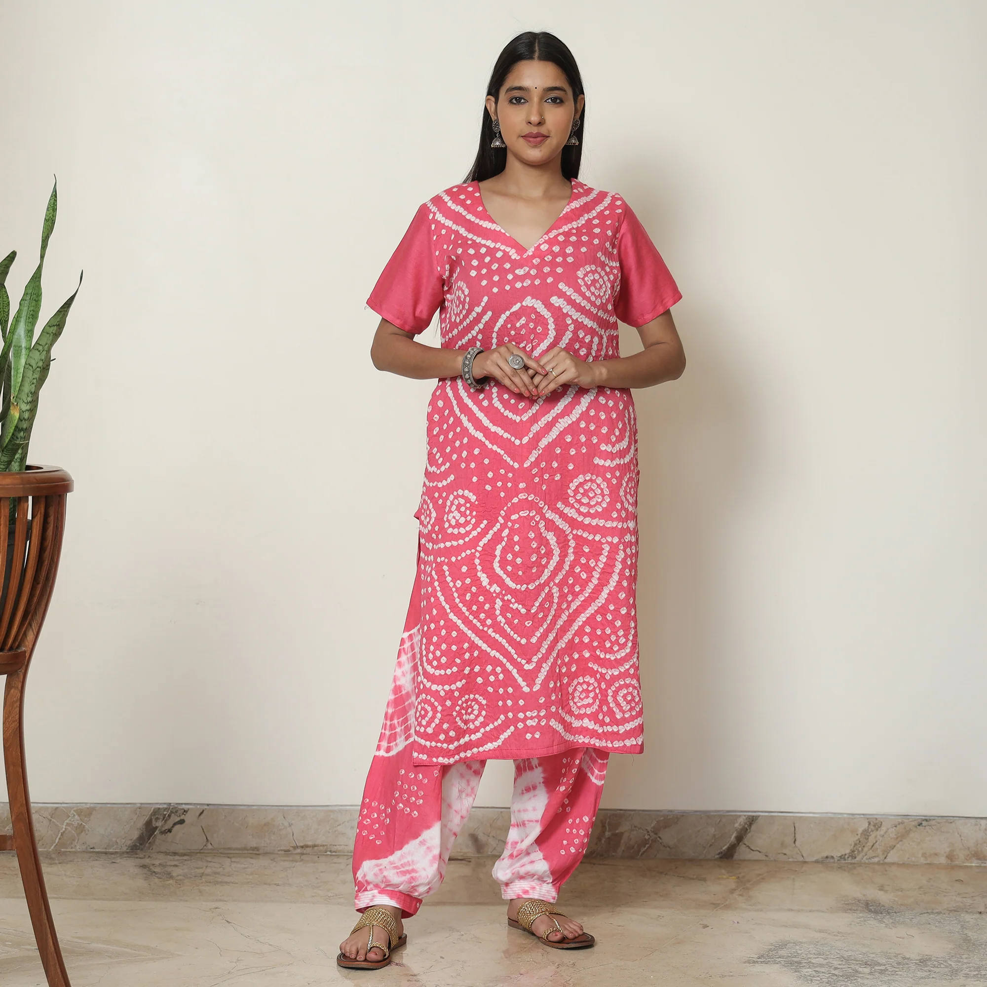Pink - Bandhani Tie-Dye Cotton Kurta with Afghani Salwar & Dupatta Set 05 - Image 3