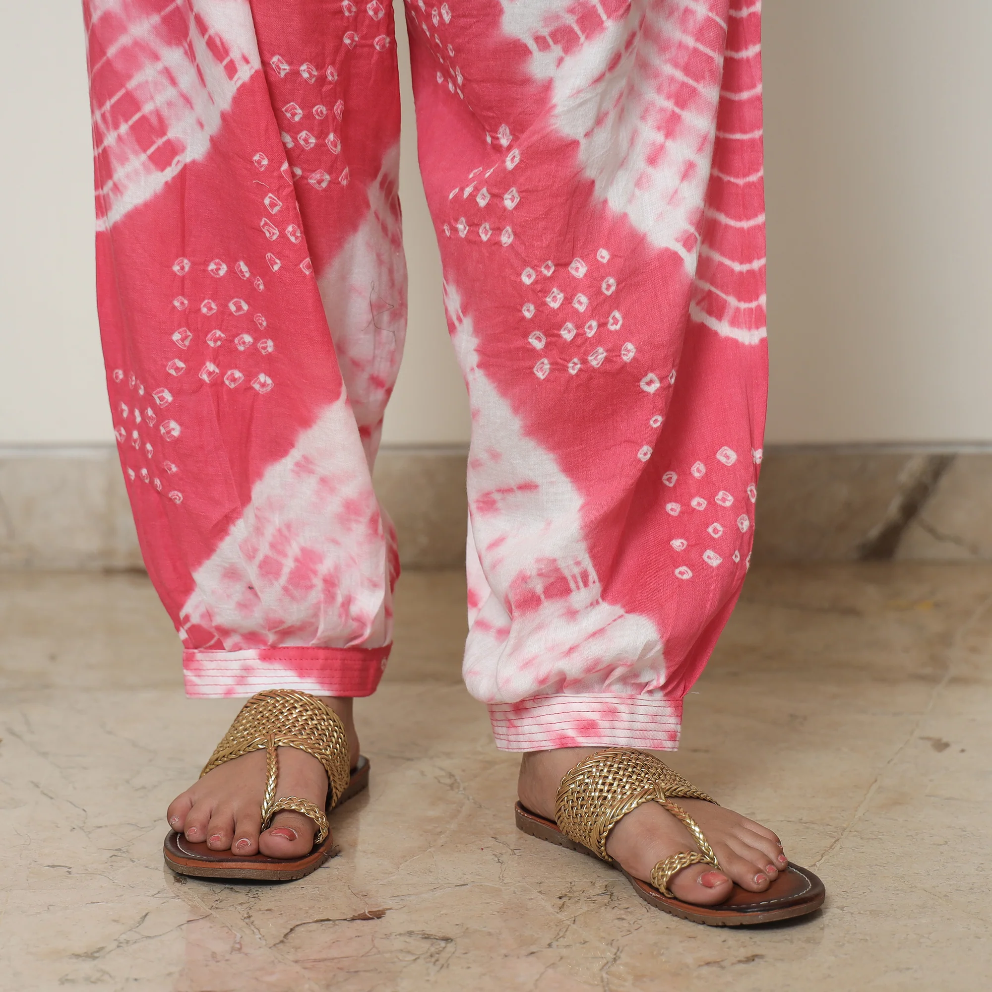 Pink - Bandhani Tie-Dye Cotton Kurta with Afghani Salwar & Dupatta Set 05 - Image 5