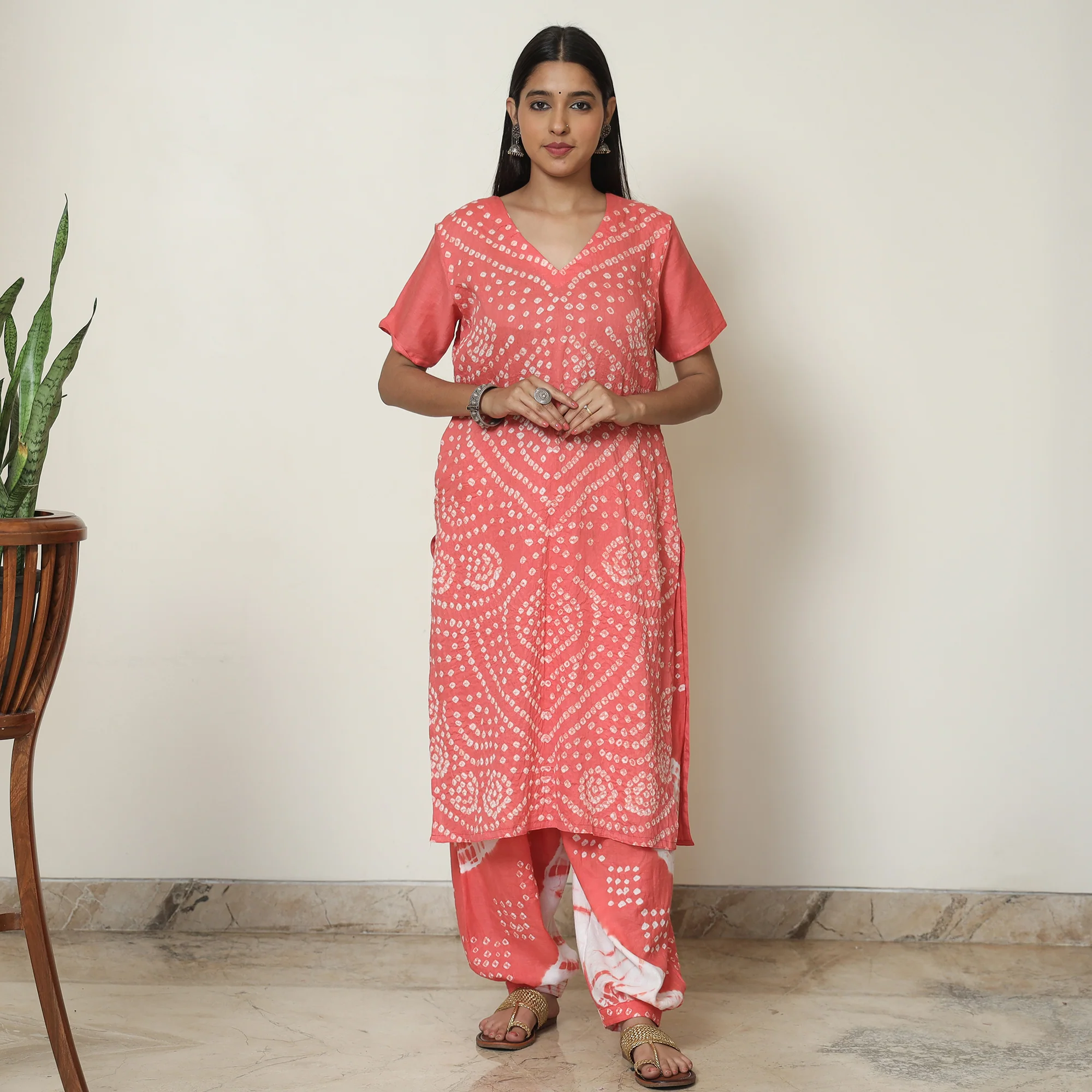 Peach - Bandhani Tie-Dye Cotton Kurta with Afghani Salwar & Dupatta Set 06 - Image 3