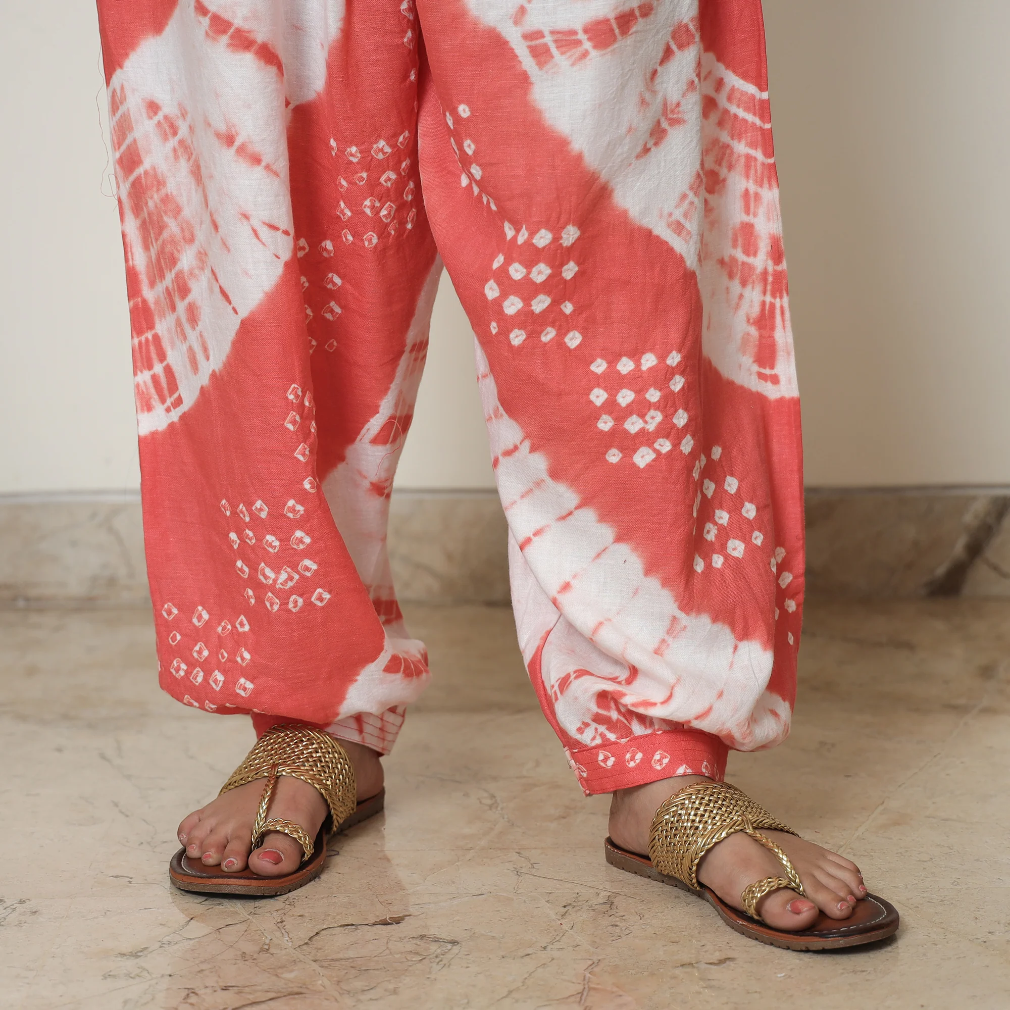 Peach - Bandhani Tie-Dye Cotton Kurta with Afghani Salwar & Dupatta Set 06 - Image 5