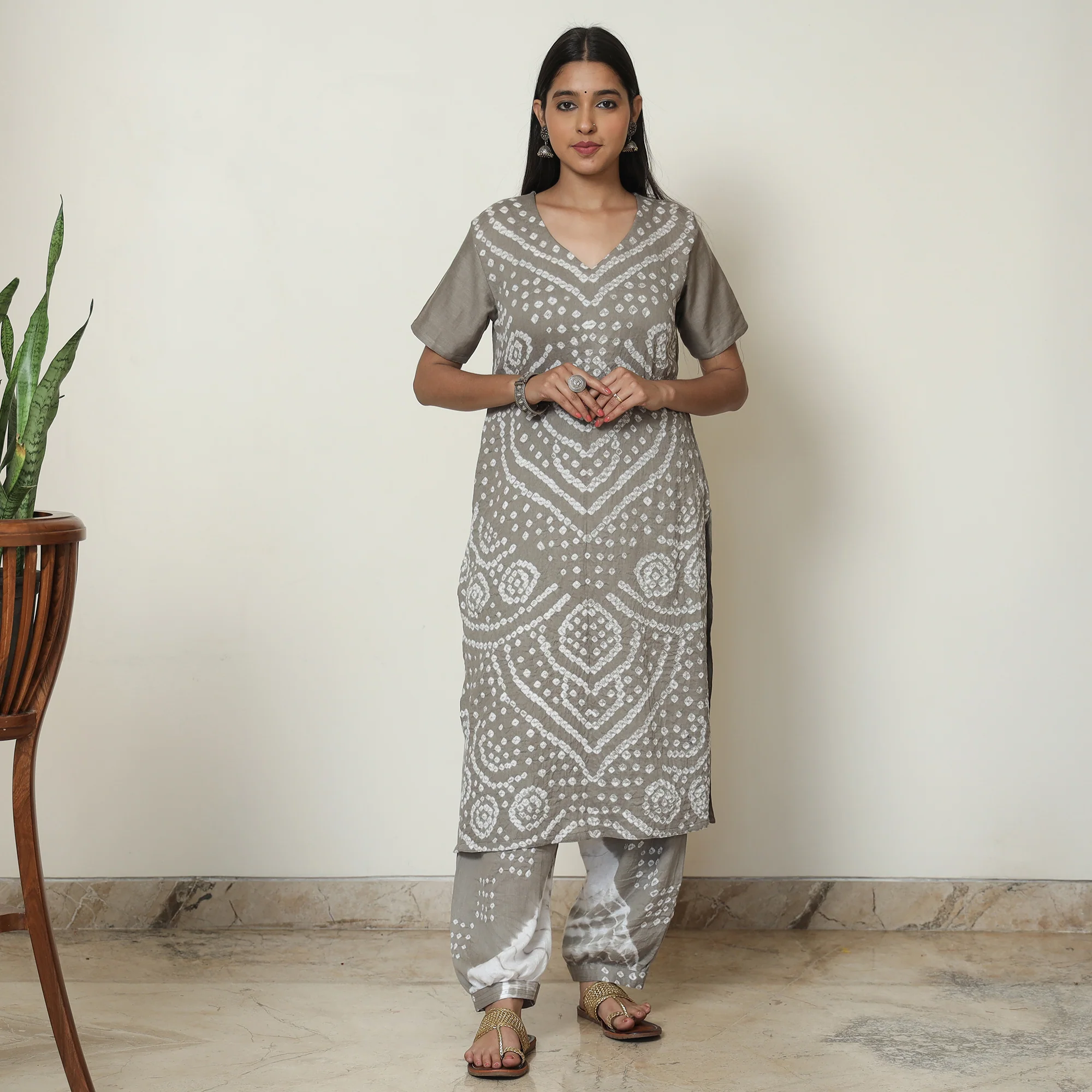 Grey - Bandhani Tie-Dye Cotton Kurta with Afghani Salwar & Dupatta Set 02 - Image 3