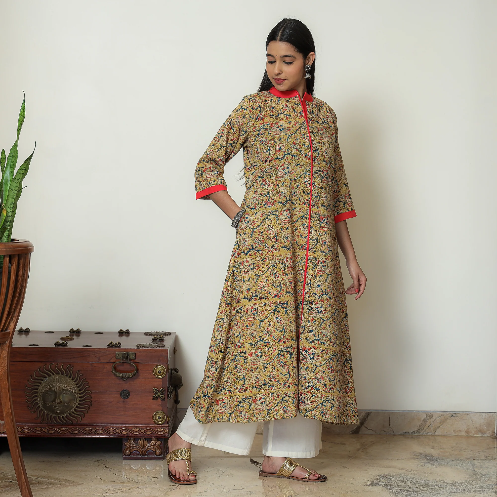 Yellow - Kalamkari Hand Block Printed Cotton A-Line Kurta 01 - Image 2