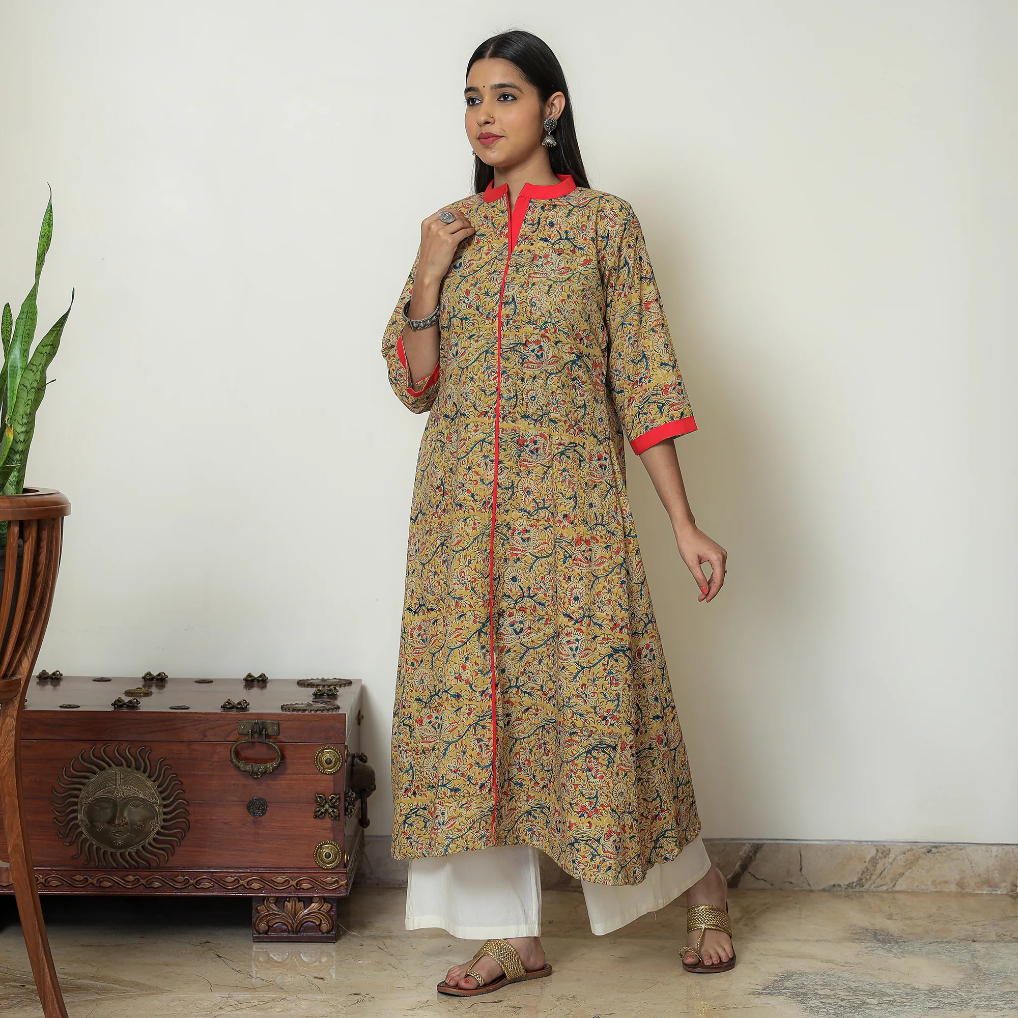 Yellow - Kalamkari Hand Block Printed Cotton A-Line Kurta 01 - Image 3