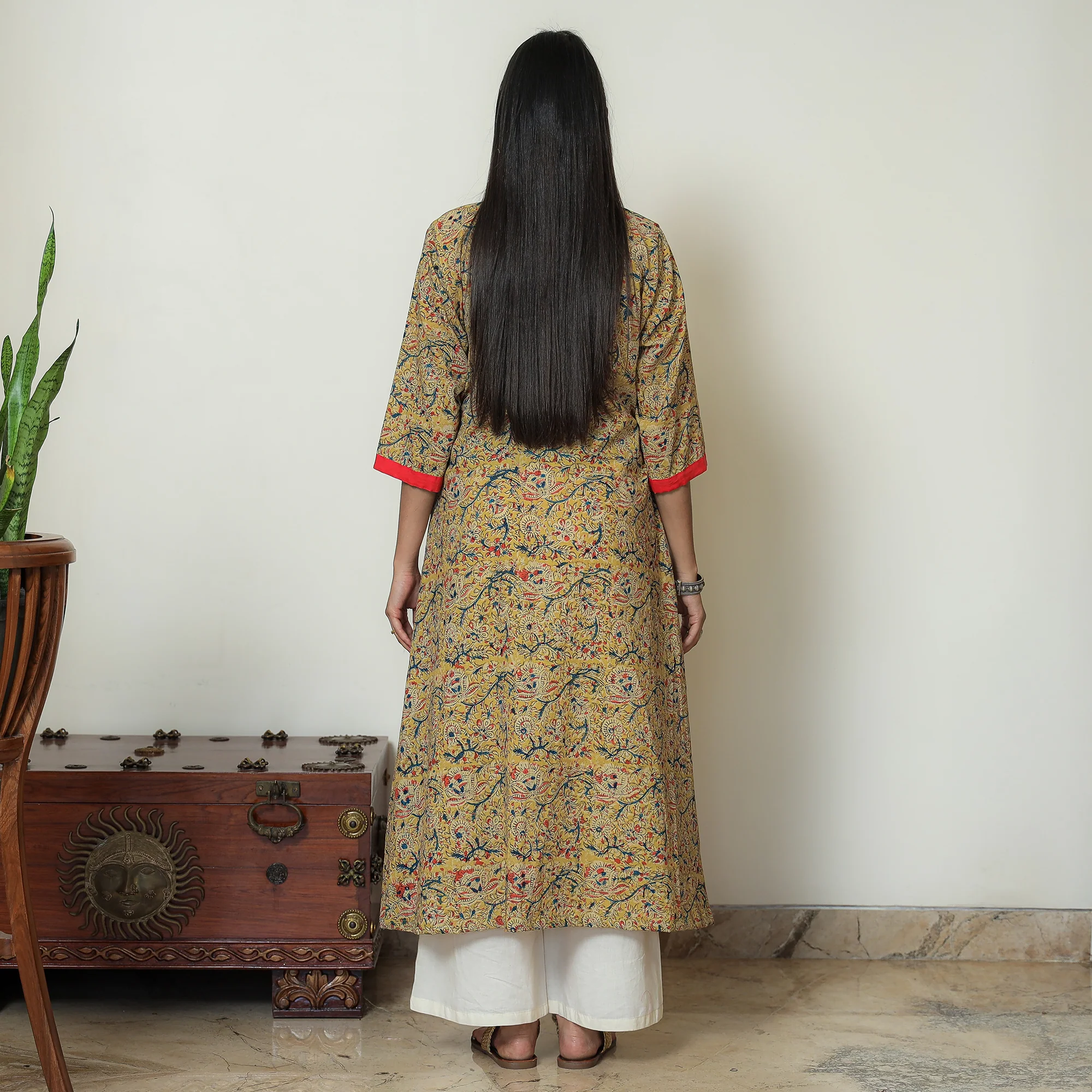 Yellow - Kalamkari Hand Block Printed Cotton A-Line Kurta 01 - Image 4