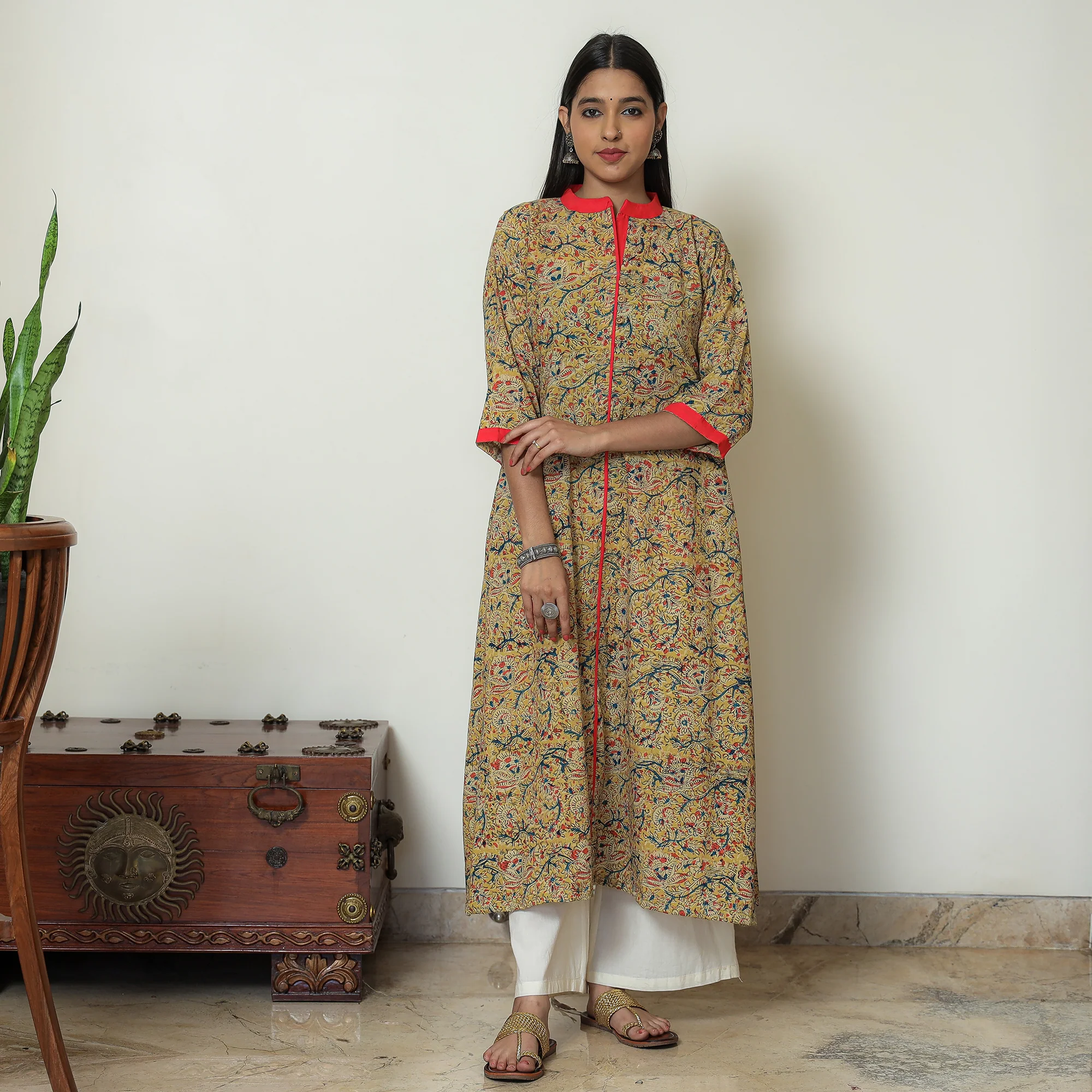 Yellow - Kalamkari Hand Block Printed Cotton A-Line Kurta 01 - Image 5