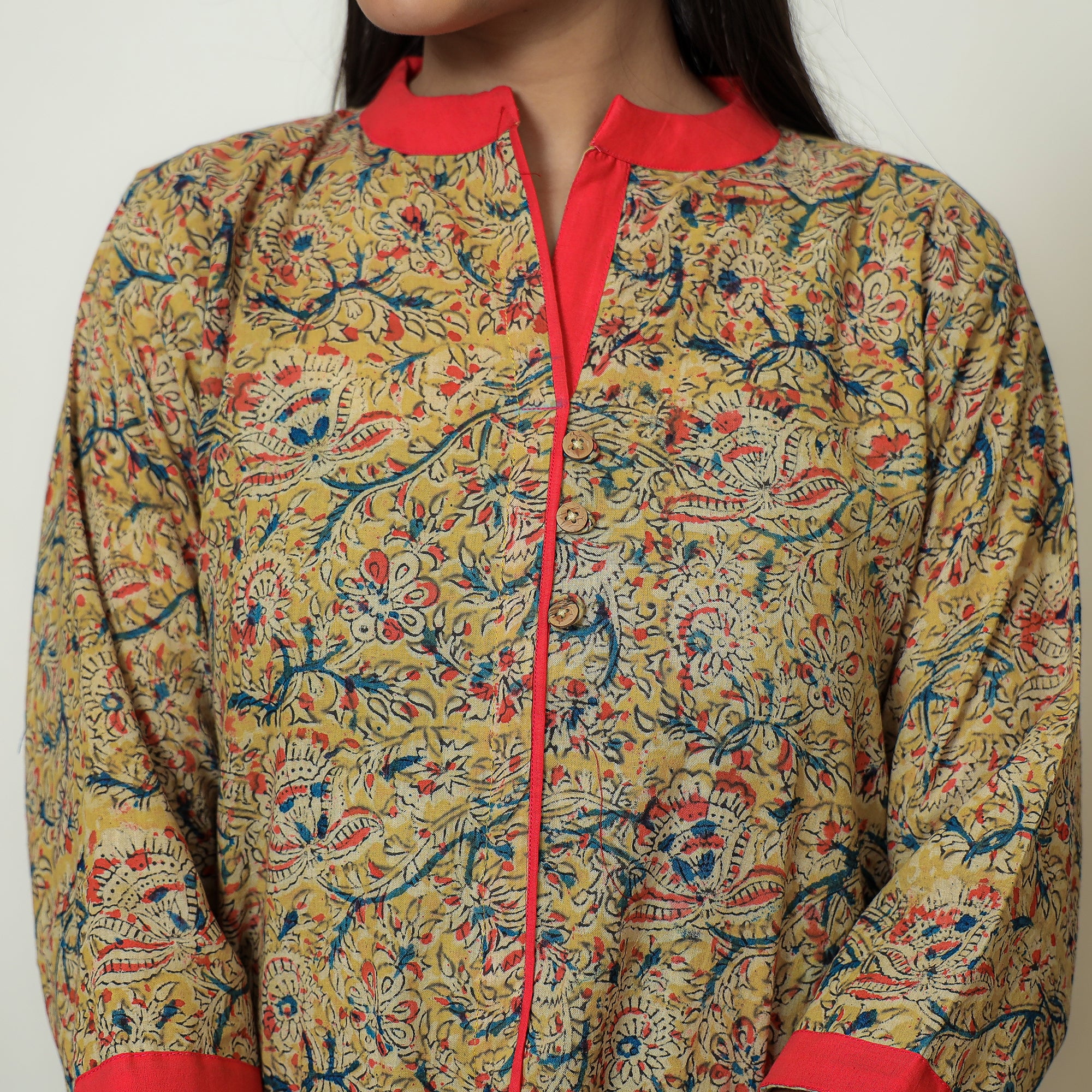 Yellow - Kalamkari Hand Block Printed Cotton A-Line Kurta 01 - Image 7