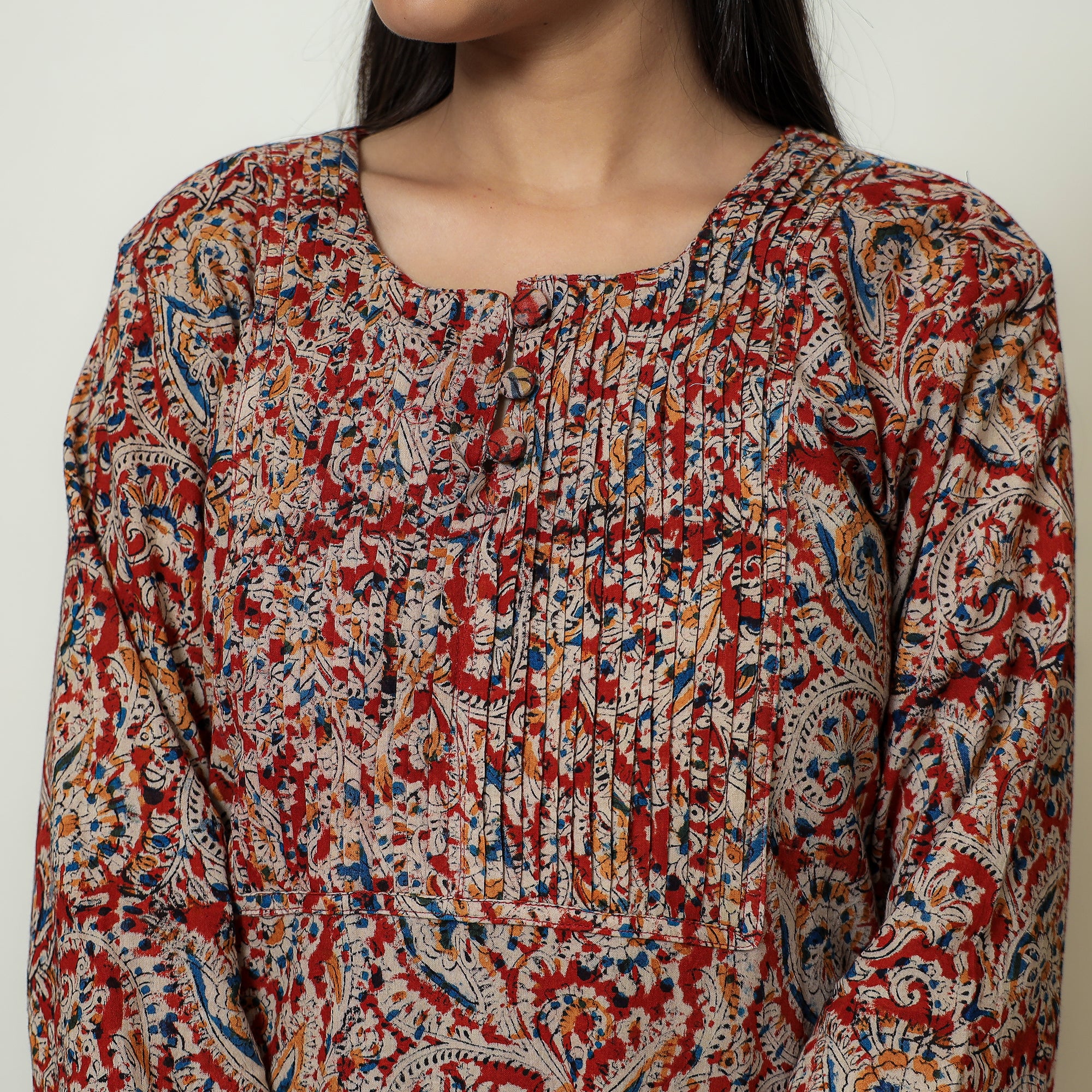 Red - Block Print Cotton Pintuck Straight Kalamkari Kurta 11 - Image 5