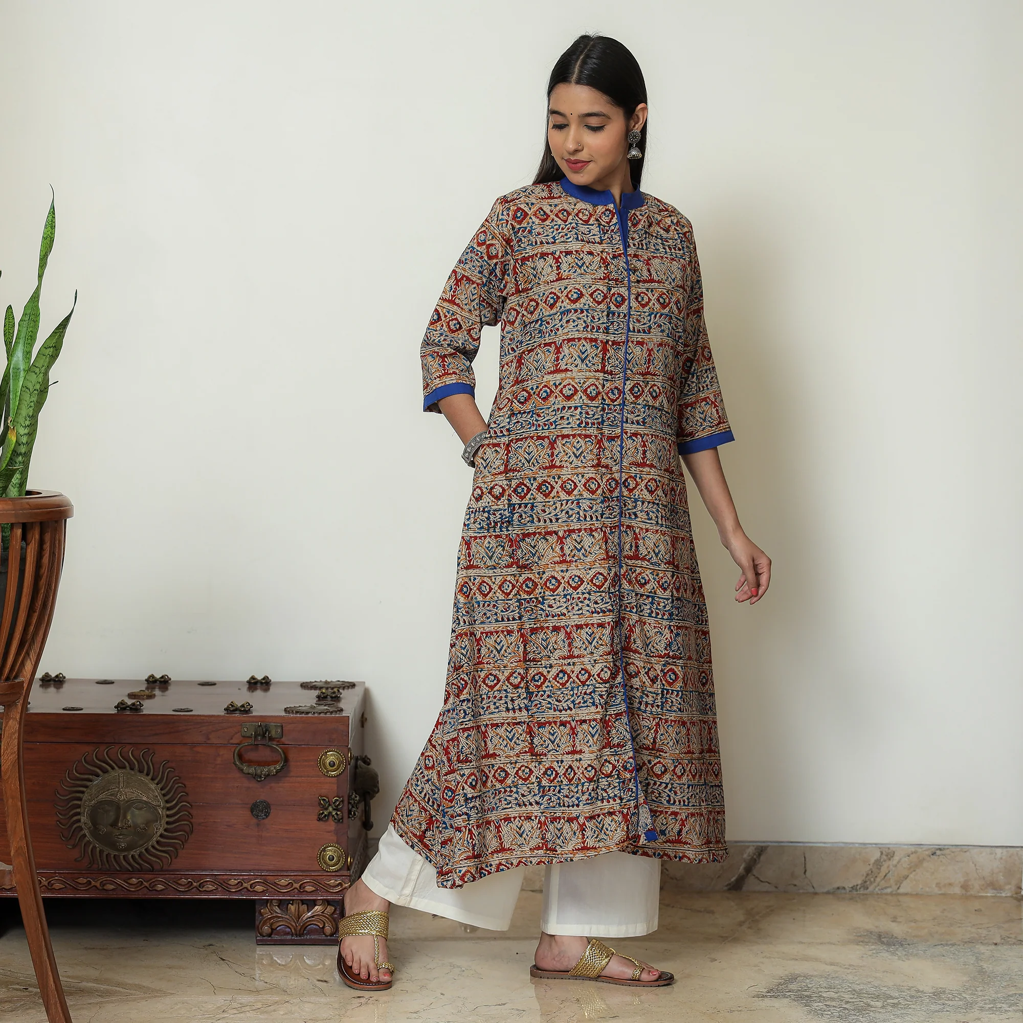 Multicolor - Kalamkari Hand Block Printed Cotton A-Line Kurta 02 - Image 3