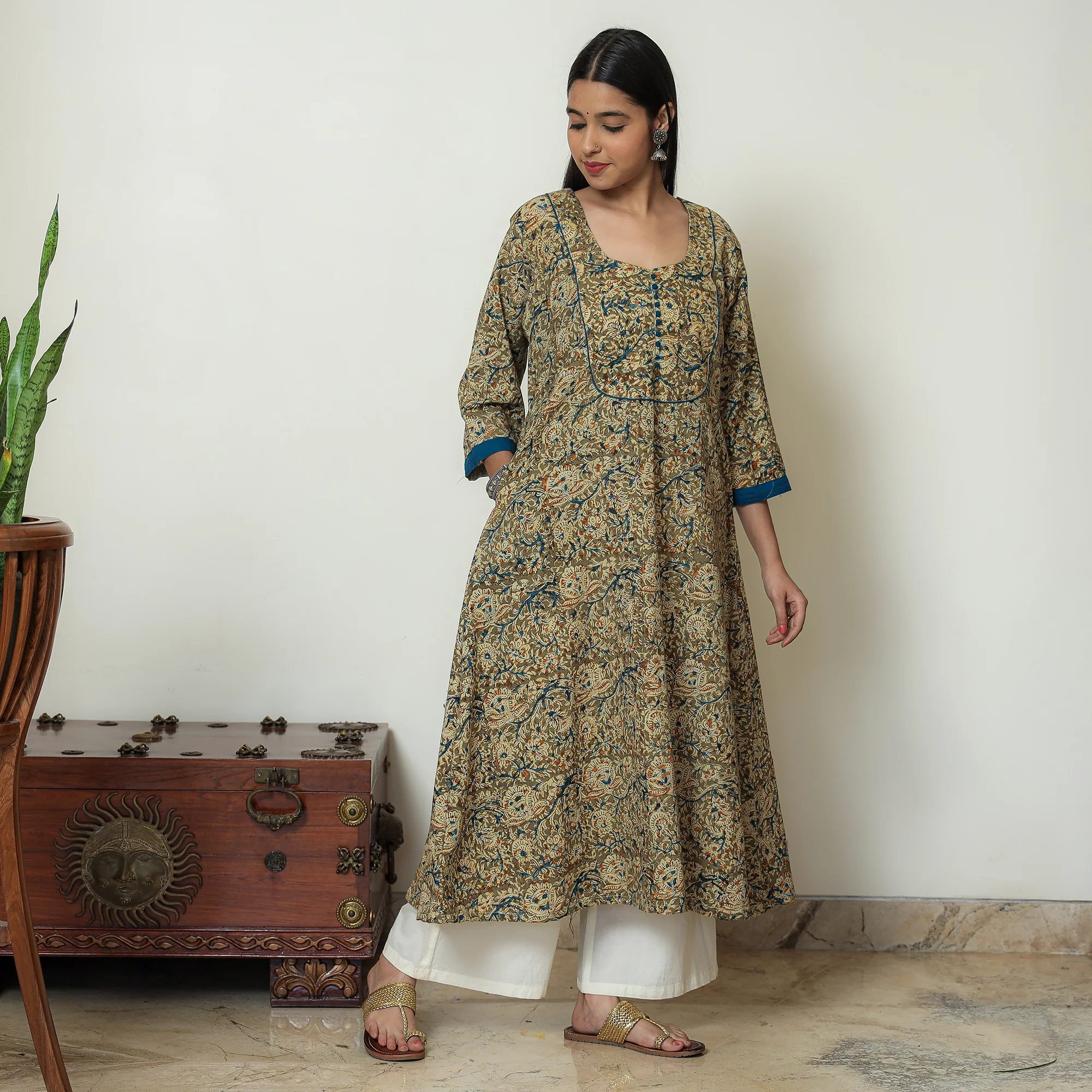 Green - Hand Block Print Cotton A-Line Kalamkari Kurta 17 - Image 2