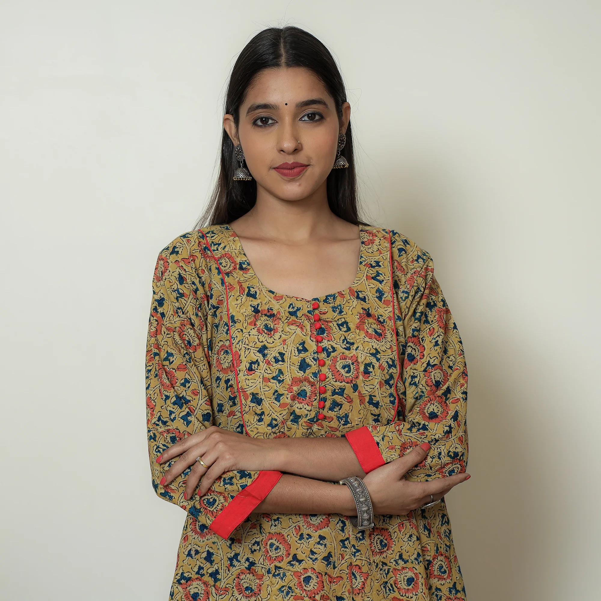 Yellow - Hand Block Print Cotton A-Line Kalamkari Kurta 19