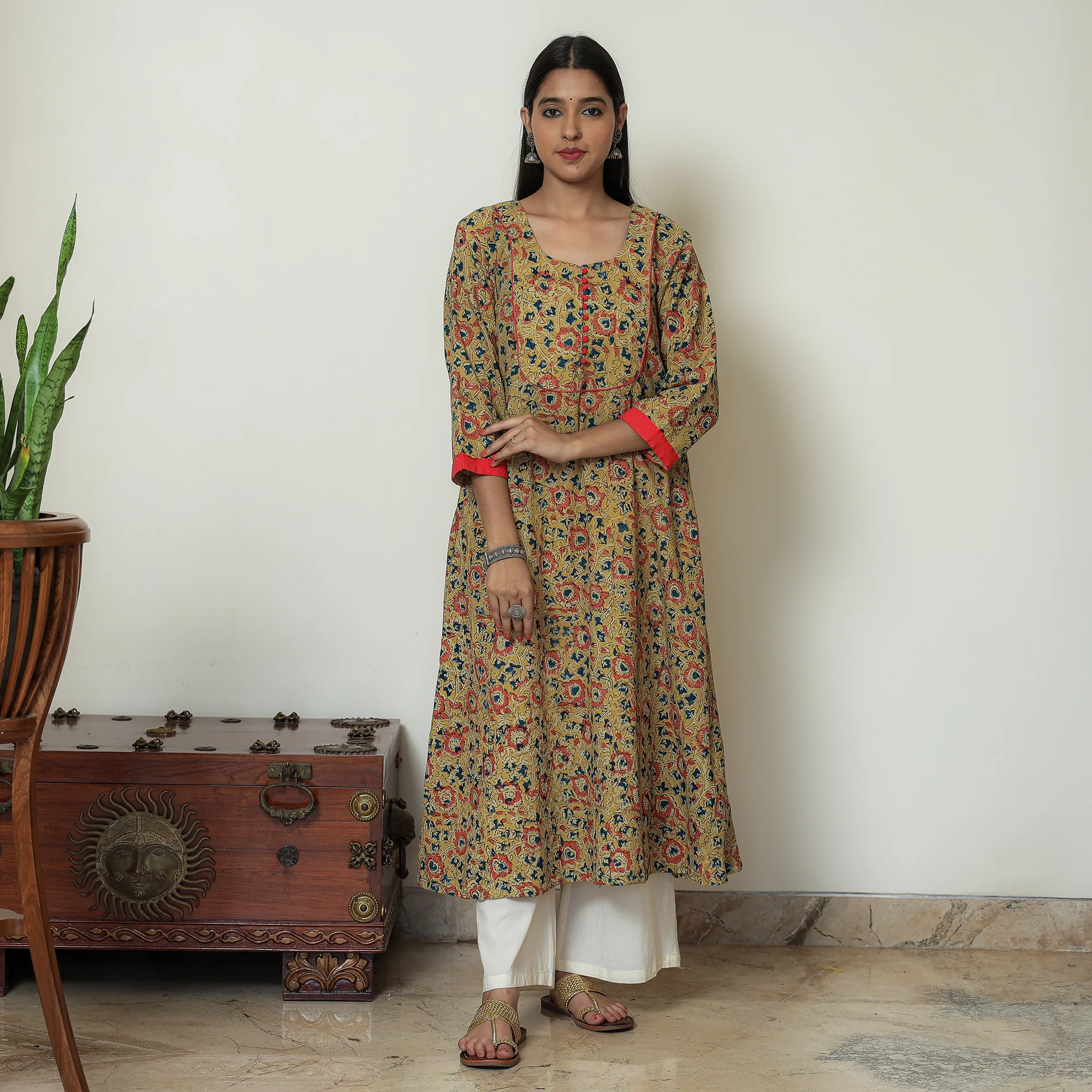 Yellow - Hand Block Print Cotton A-Line Kalamkari Kurta 19 - Image 3