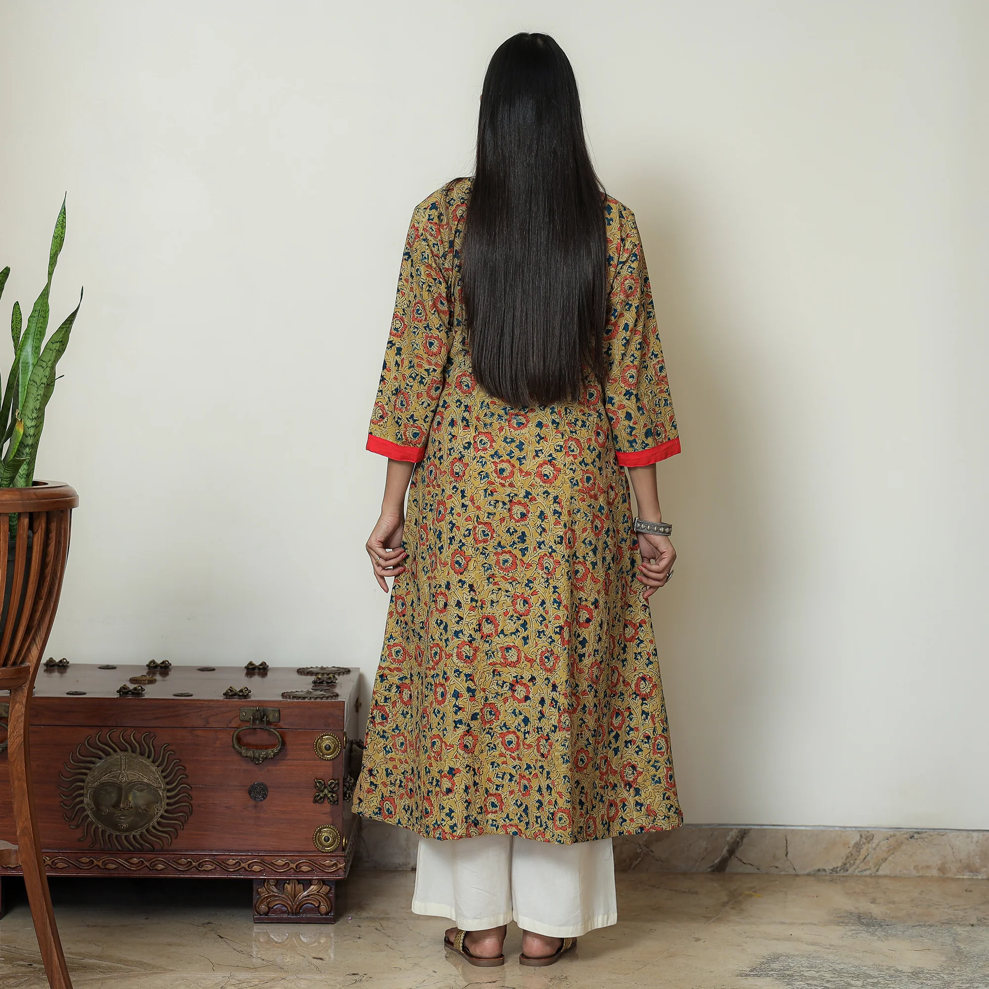 Yellow - Hand Block Print Cotton A-Line Kalamkari Kurta 19 - Image 4