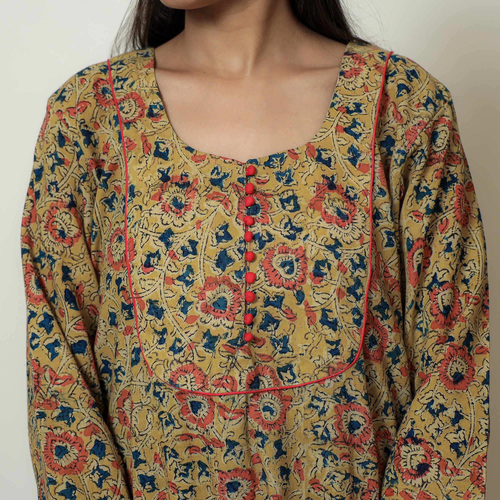 Yellow - Hand Block Print Cotton A-Line Kalamkari Kurta 19 - Image 5