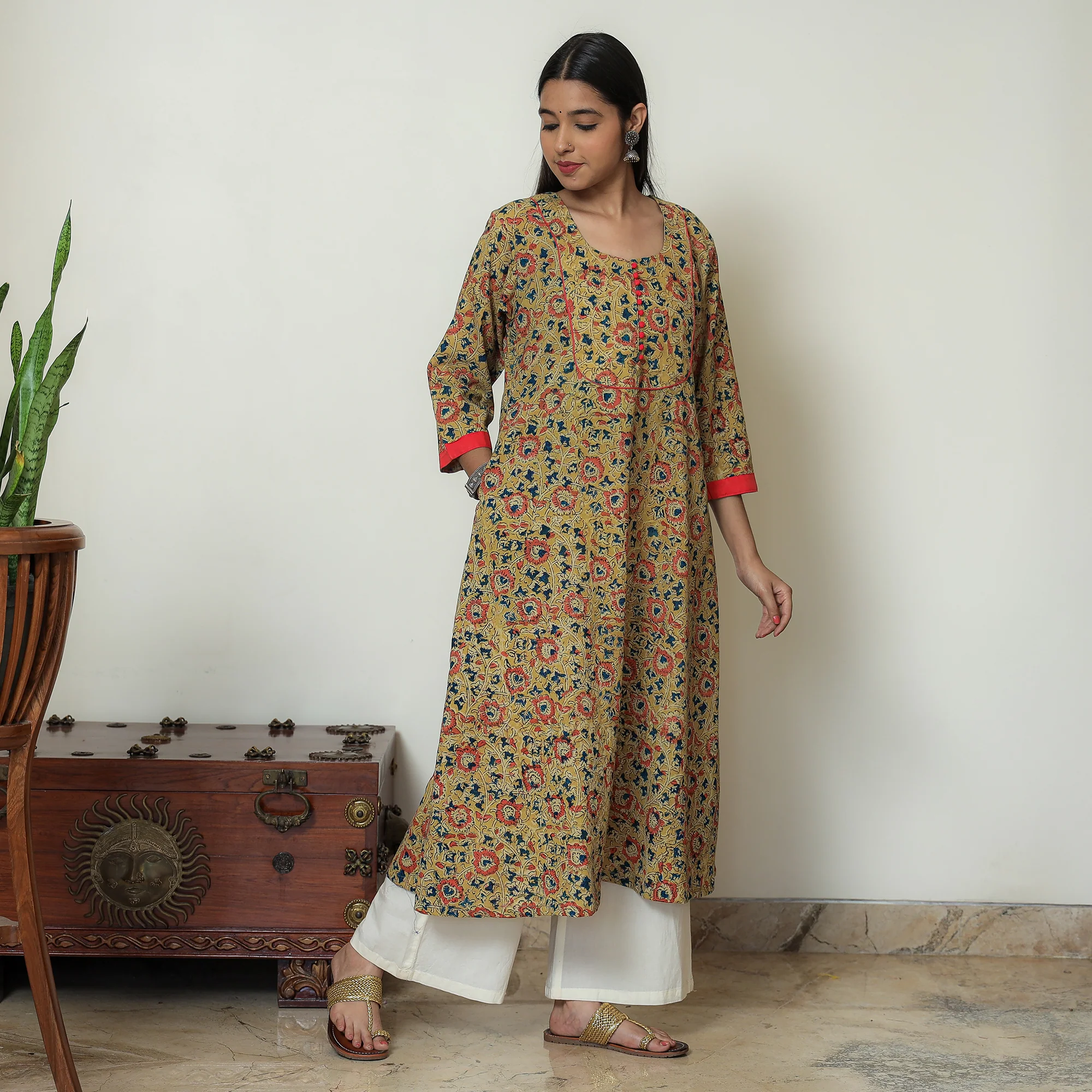 Yellow - Hand Block Print Cotton A-Line Kalamkari Kurta 19 - Image 7