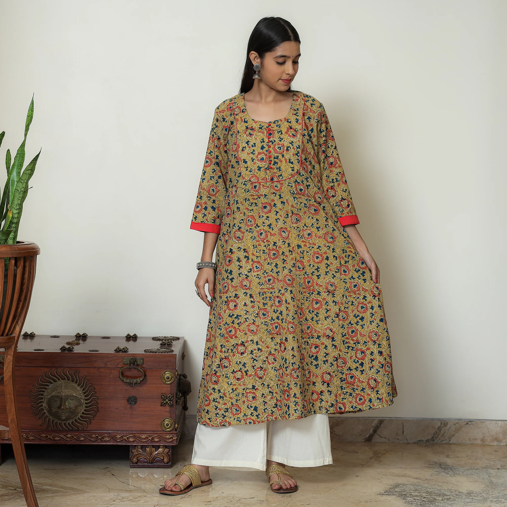 Yellow - Hand Block Print Cotton A-Line Kalamkari Kurta 19 - Image 8