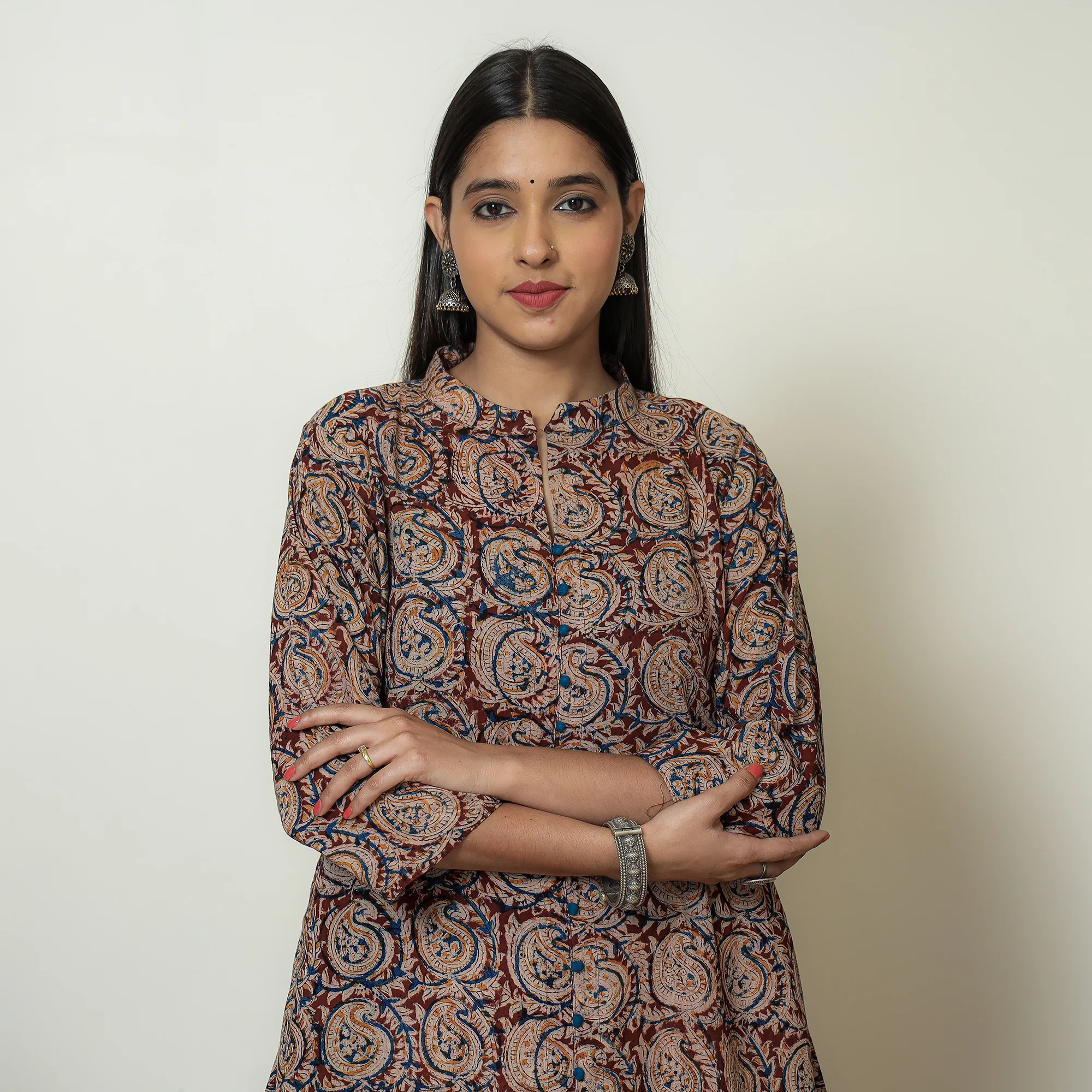 Maroon - Hand Block Print Cotton A-Line Kalamkari Kurta 23