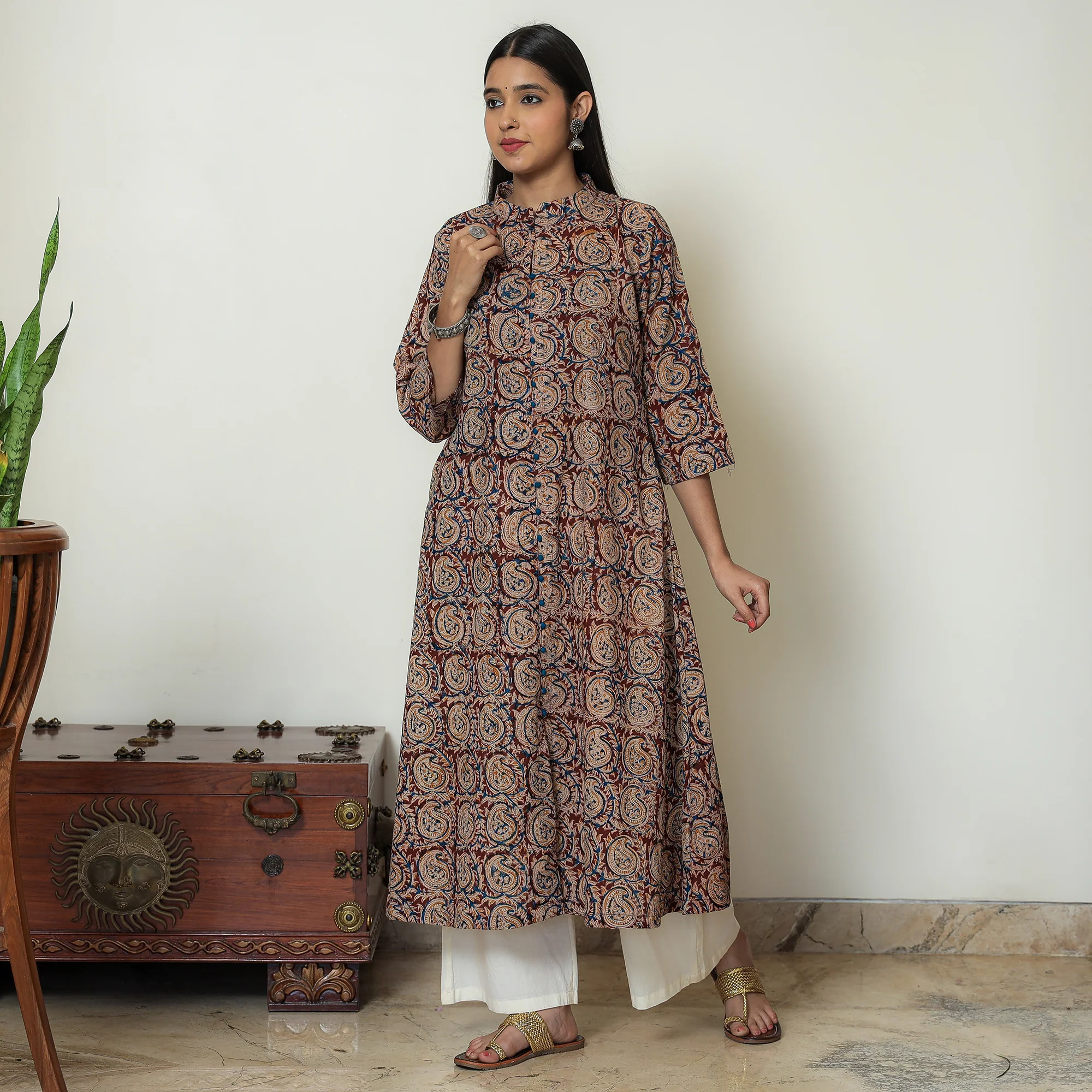 Maroon - Hand Block Print Cotton A-Line Kalamkari Kurta 23 - Image 3