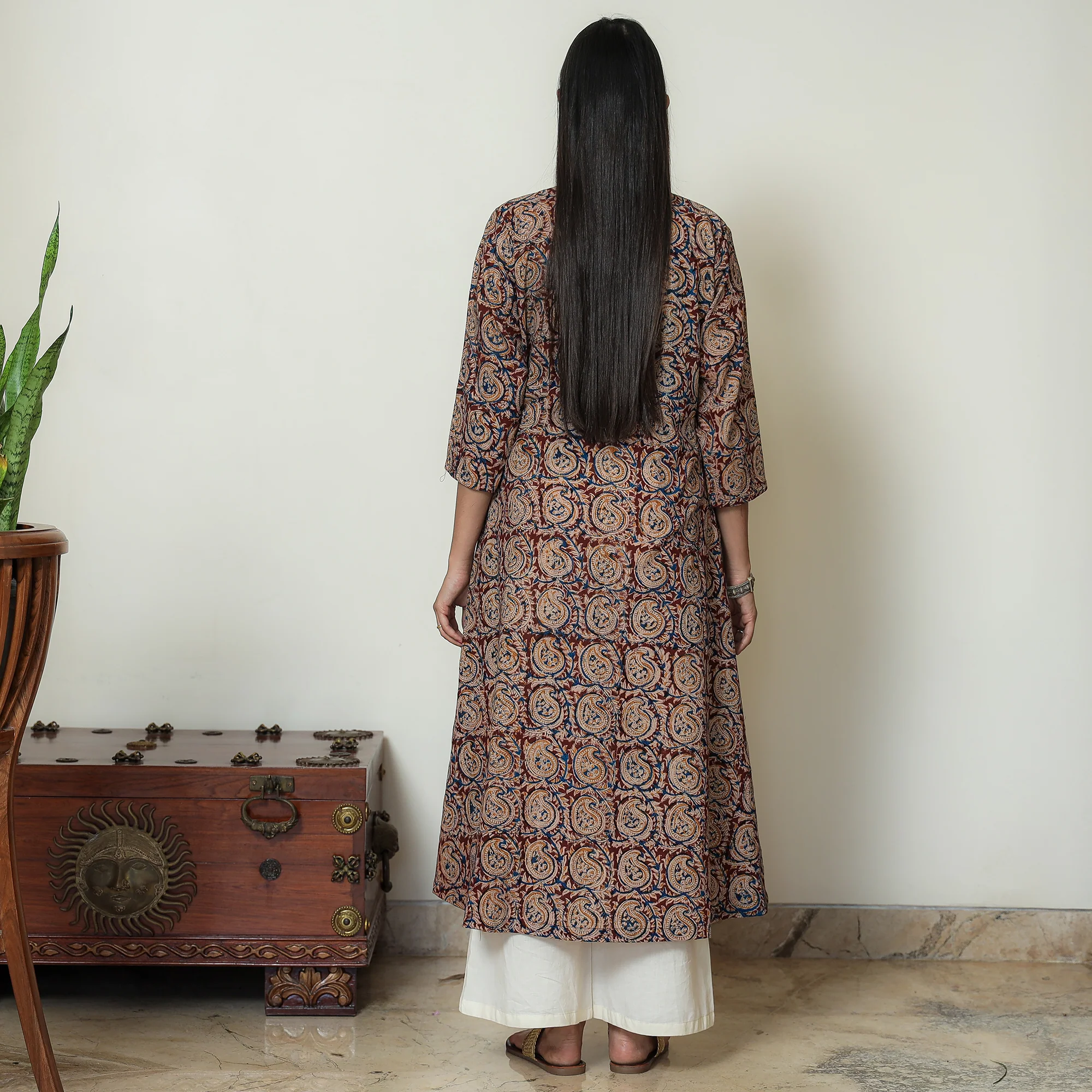 Maroon - Hand Block Print Cotton A-Line Kalamkari Kurta 23 - Image 4